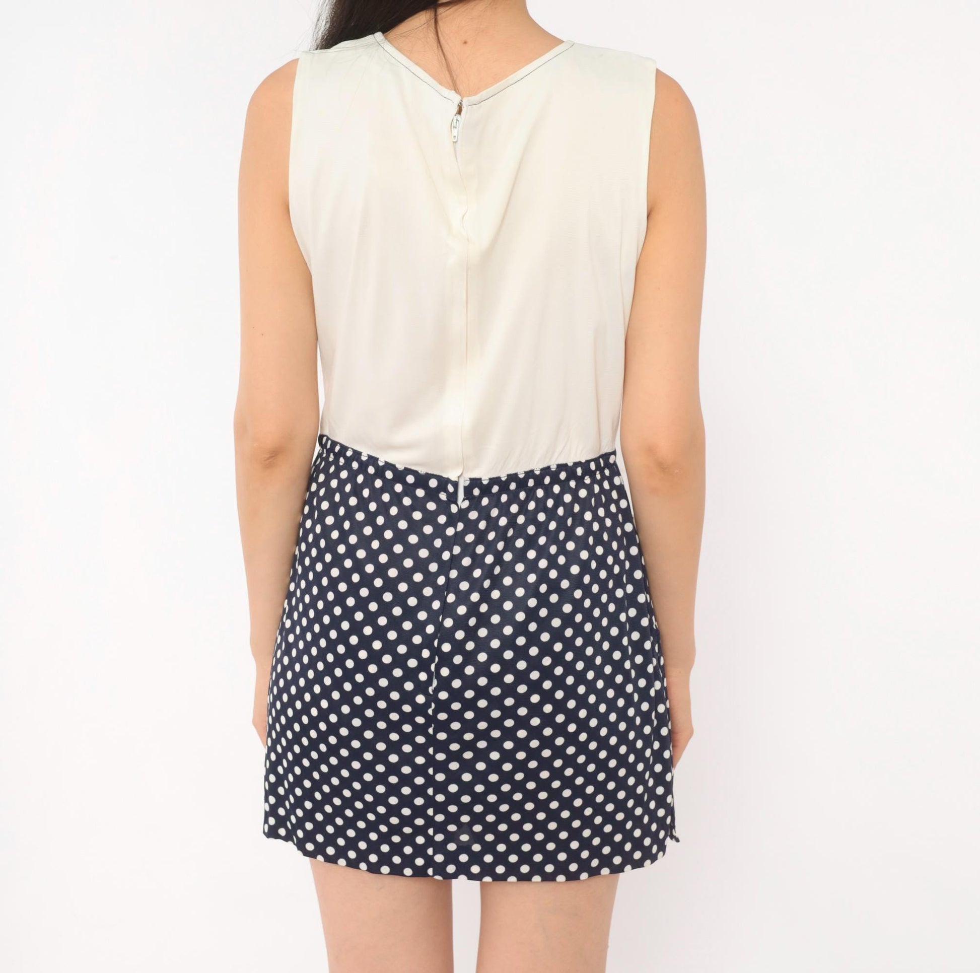 60s Jerell Two-Tone Polka Dot Mini Dress Navy Cream Mod Shift Medium M