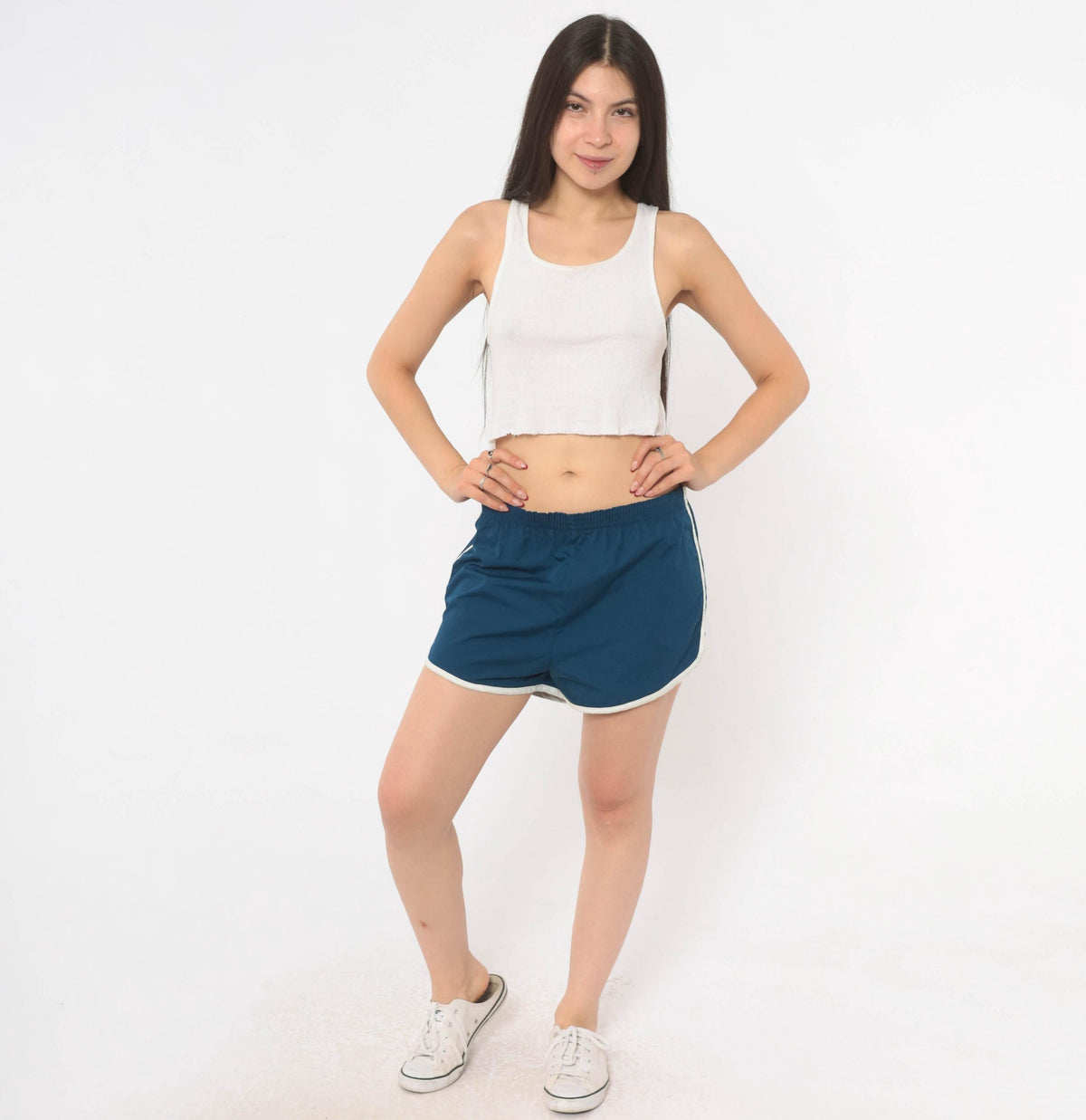 80s Navy Running Shorts White Piping Cotton Dolphin Hem Large L