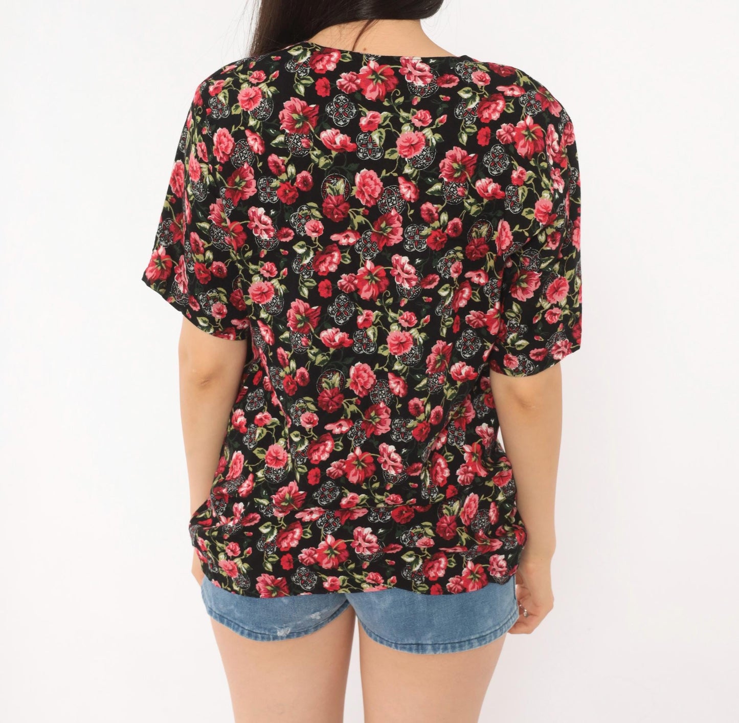 90s Katelyn Rose Black Pink Floral Button Blouse Short Sleeve Small S