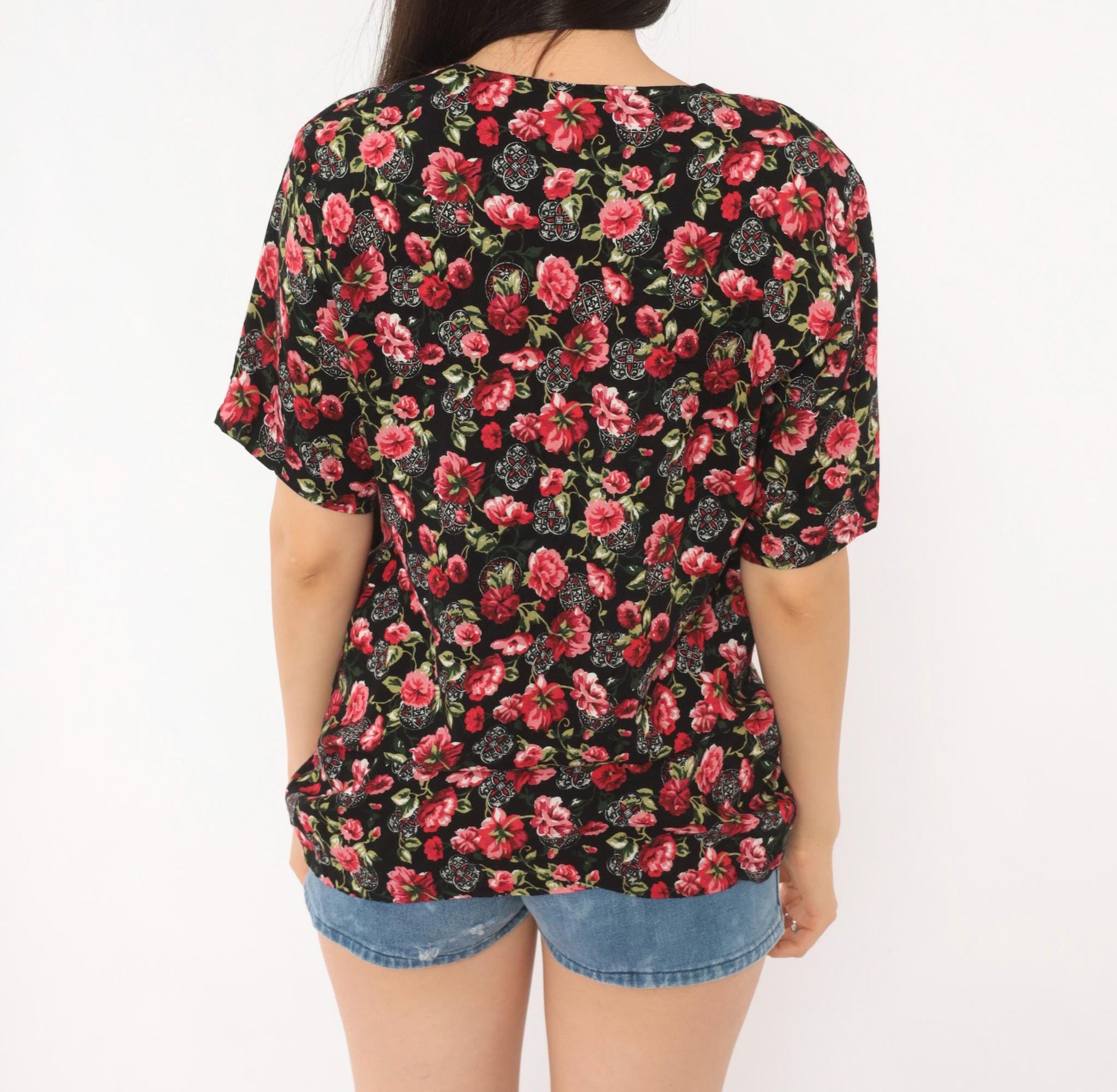 90s Katelyn Rose Black Pink Floral Button Blouse Short Sleeve Small S