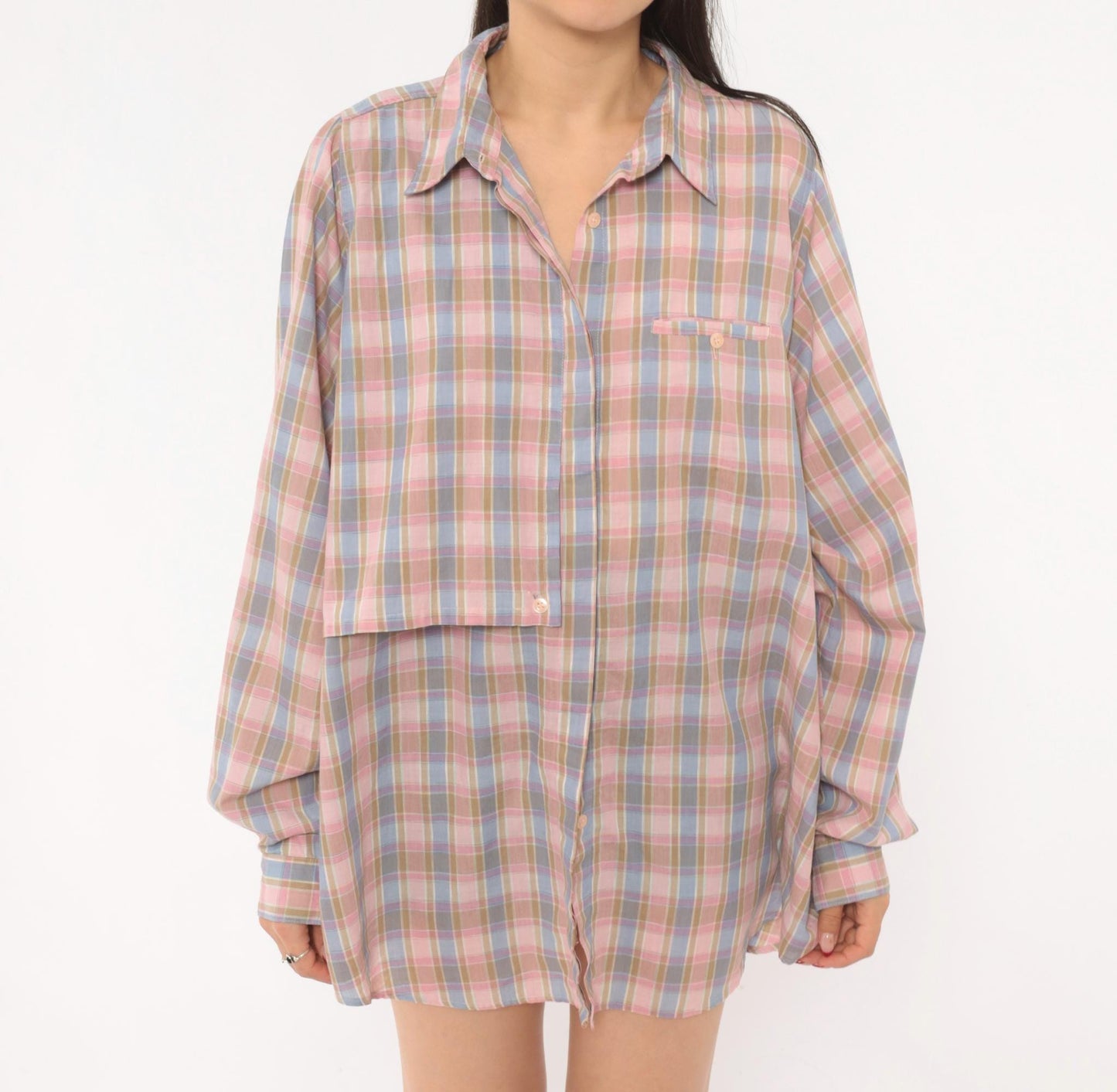 90s Cali Plaid Button Front Shirt Pink Periwinkle Cotton Plus Size 1X