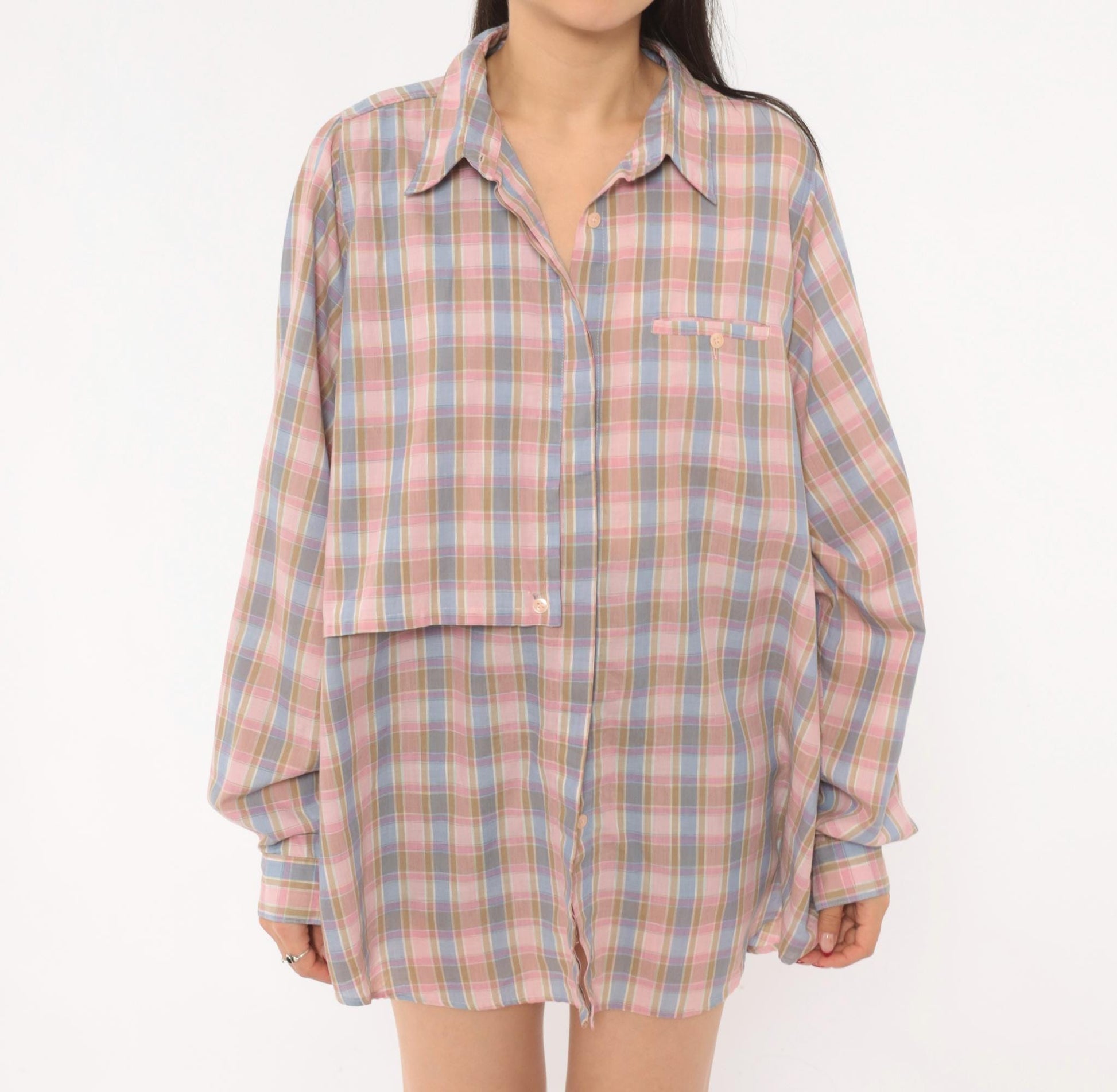 90s Cali Plaid Button Front Shirt Pink Periwinkle Cotton Plus Size 1X