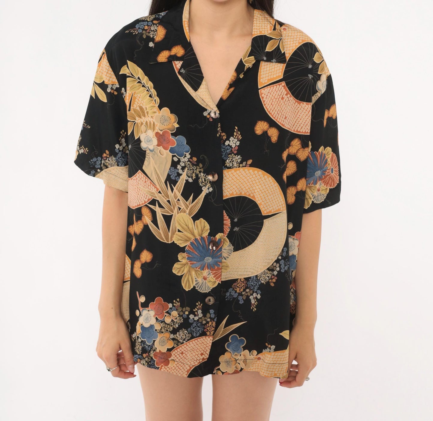 90s Clio Japanese Fan Floral Camp Collar Blouse Black Gold Rayon Large L