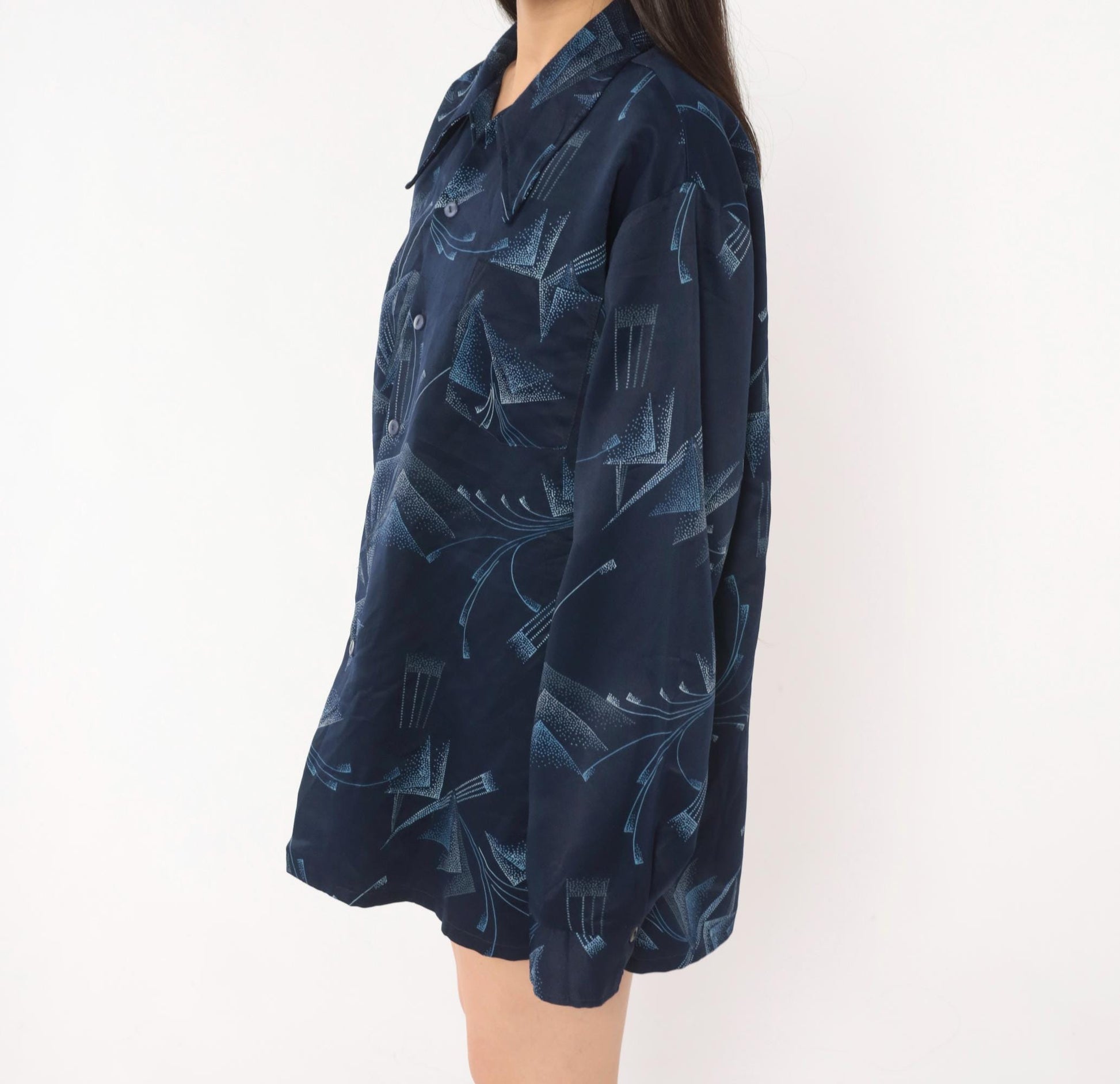 70s Paul Howard Navy Geometric Camp Collar Shirt Abstract Print Large L