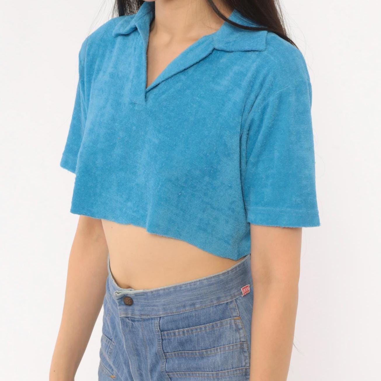80s Jason Maxwell Terry Cloth Crop Top Blue Polo Collar Small Medium