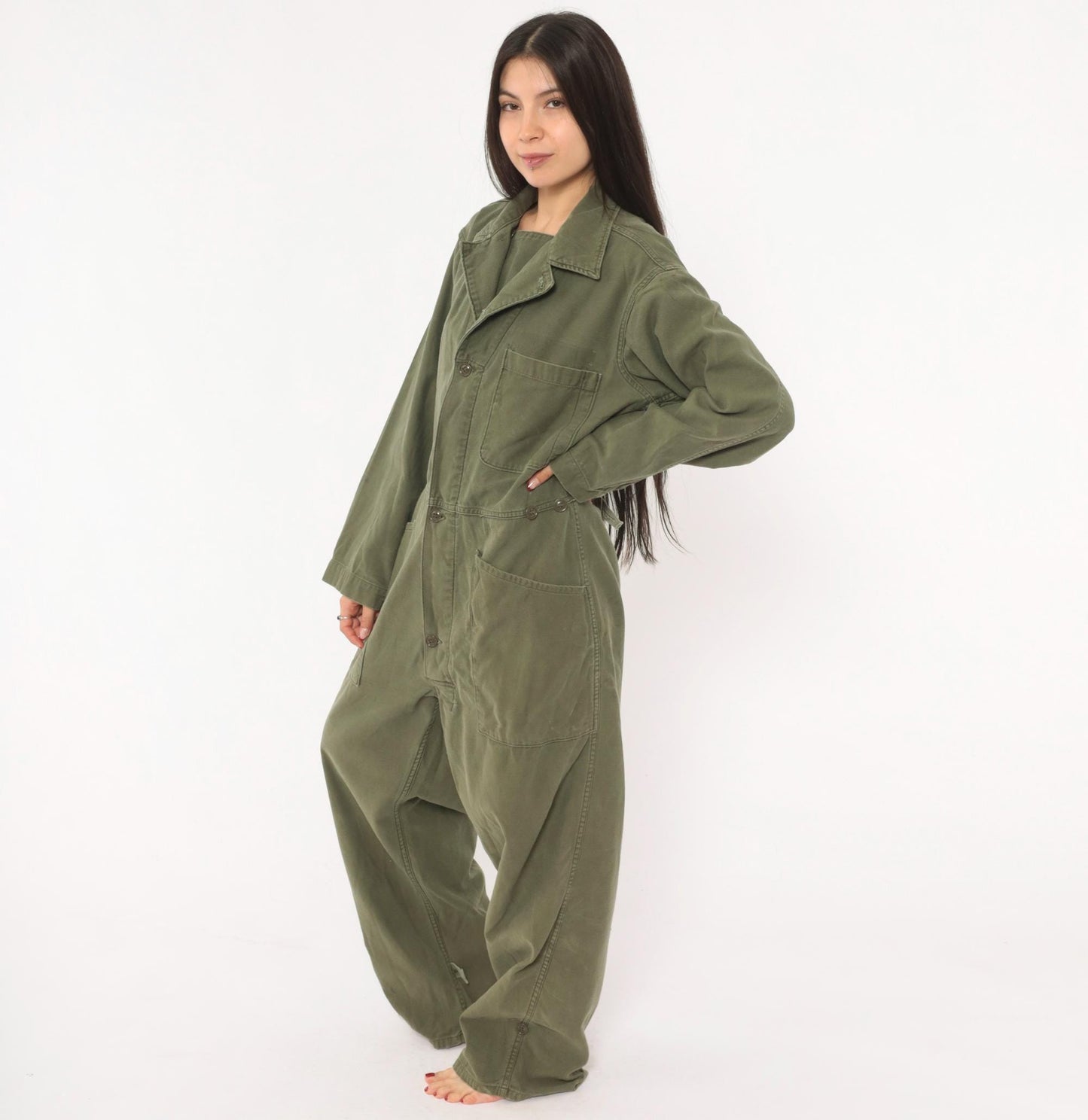 80s Army Olive Cotton Coveralls Button Front Jumpsuit Medium M