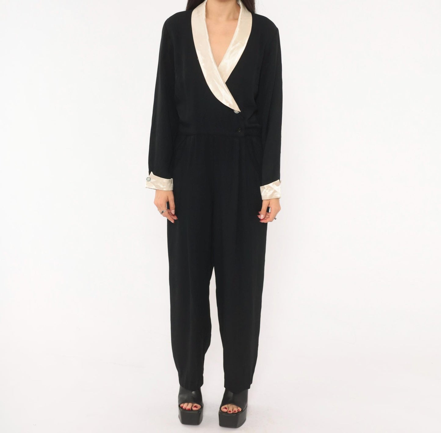 90s RJ & Co Black Jumpsuit Cream Satin Shawl Collar Wrap Front Medium M