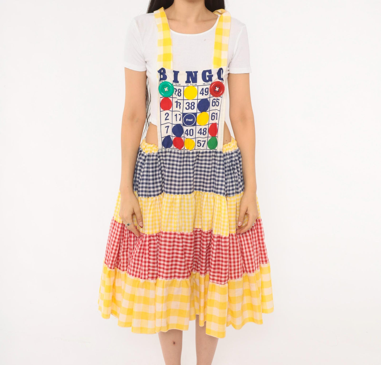 80s Bingo Card Cotton Pinafore Jumper Dress Tiered Gingham Navy Yellow Red Medium Large