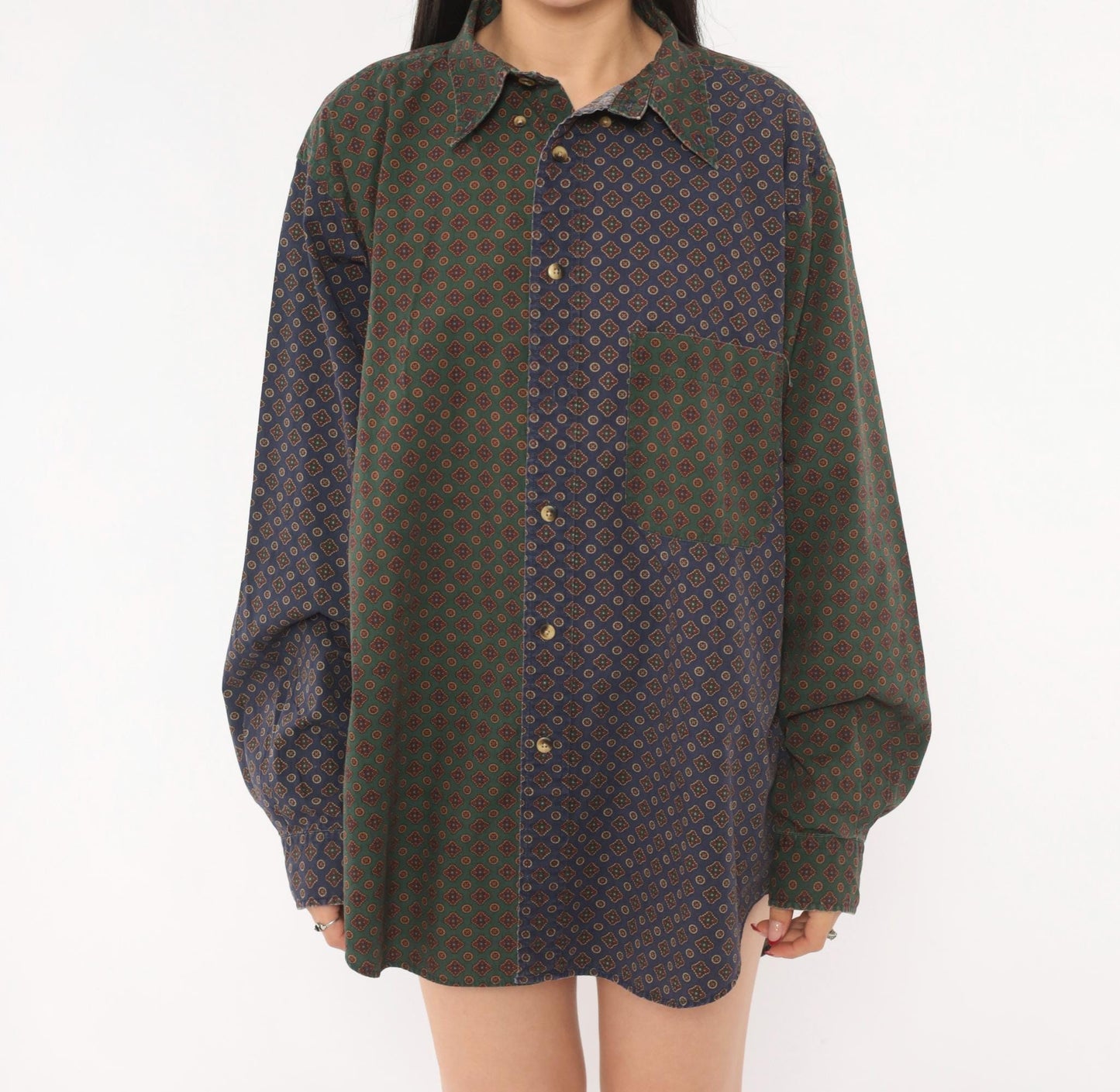 90s Nautica Patchwork Button Shirt Medallion Print Olive Navy Large L