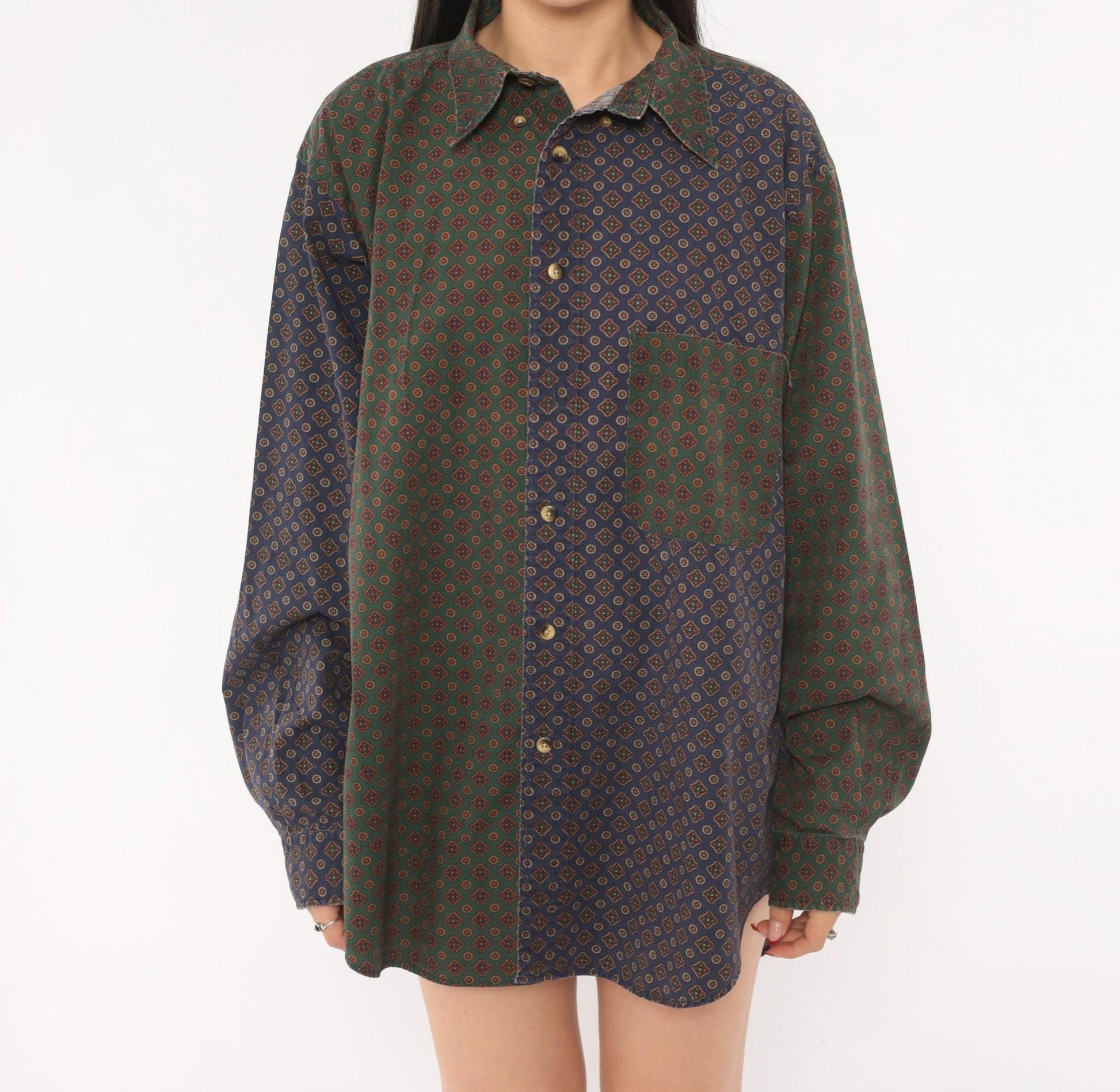90s Nautica Patchwork Button Shirt Medallion Print Olive Navy Large L