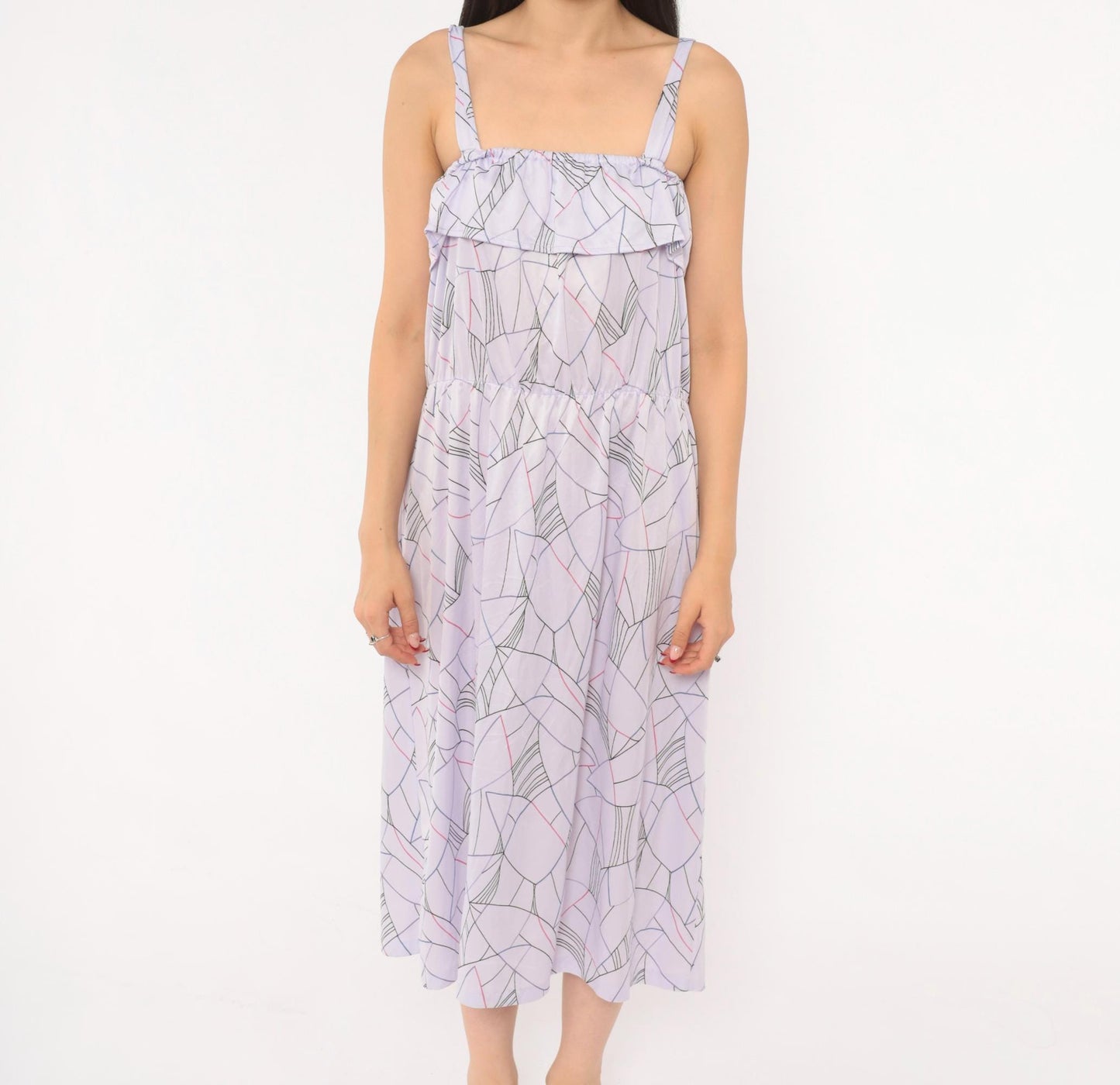 80s Lilac Abstract Geometric Midi Sundress Ruffle Bodice Strappy Small