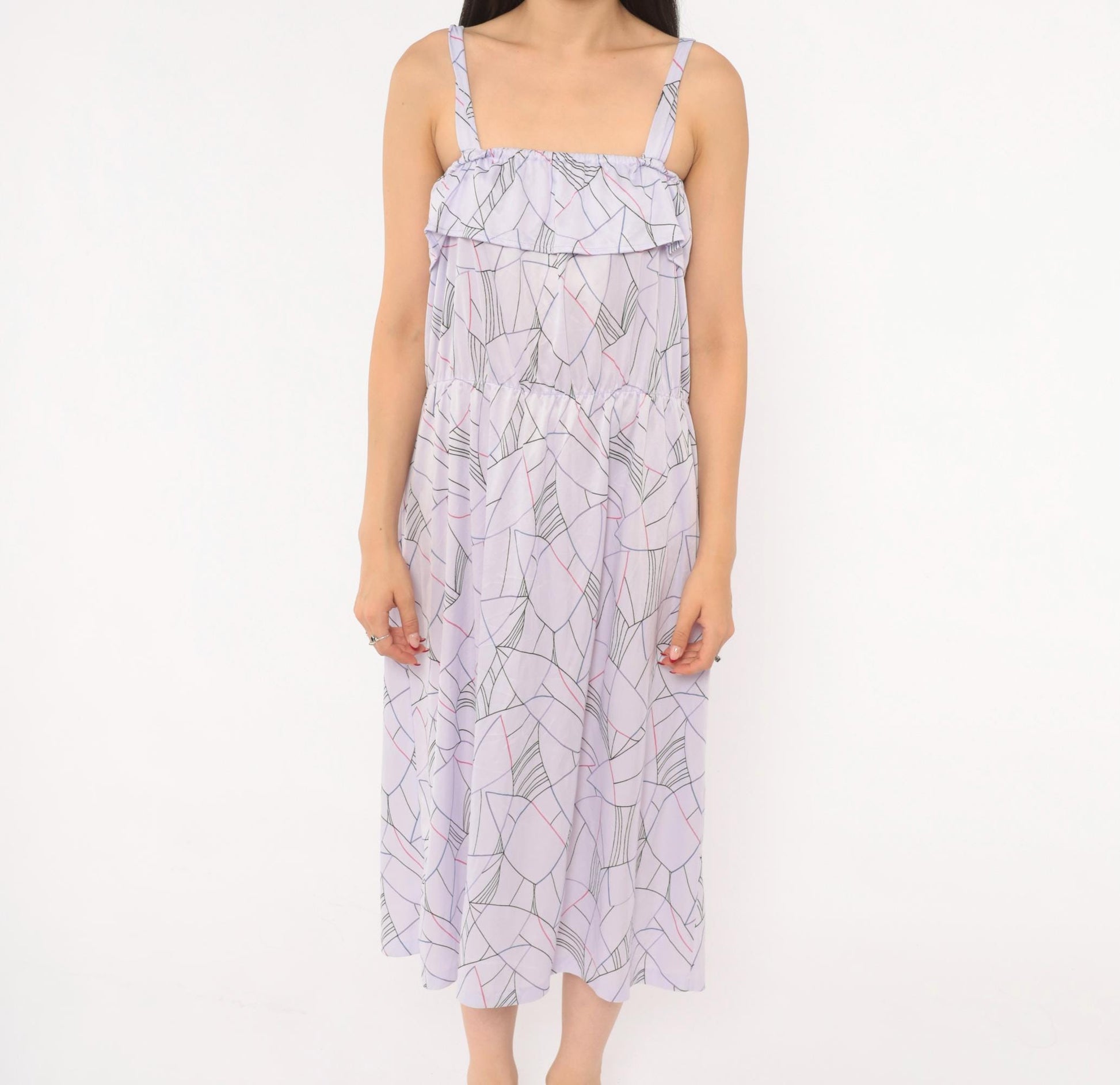 80s Lilac Abstract Geometric Midi Sundress Ruffle Bodice Strappy Small