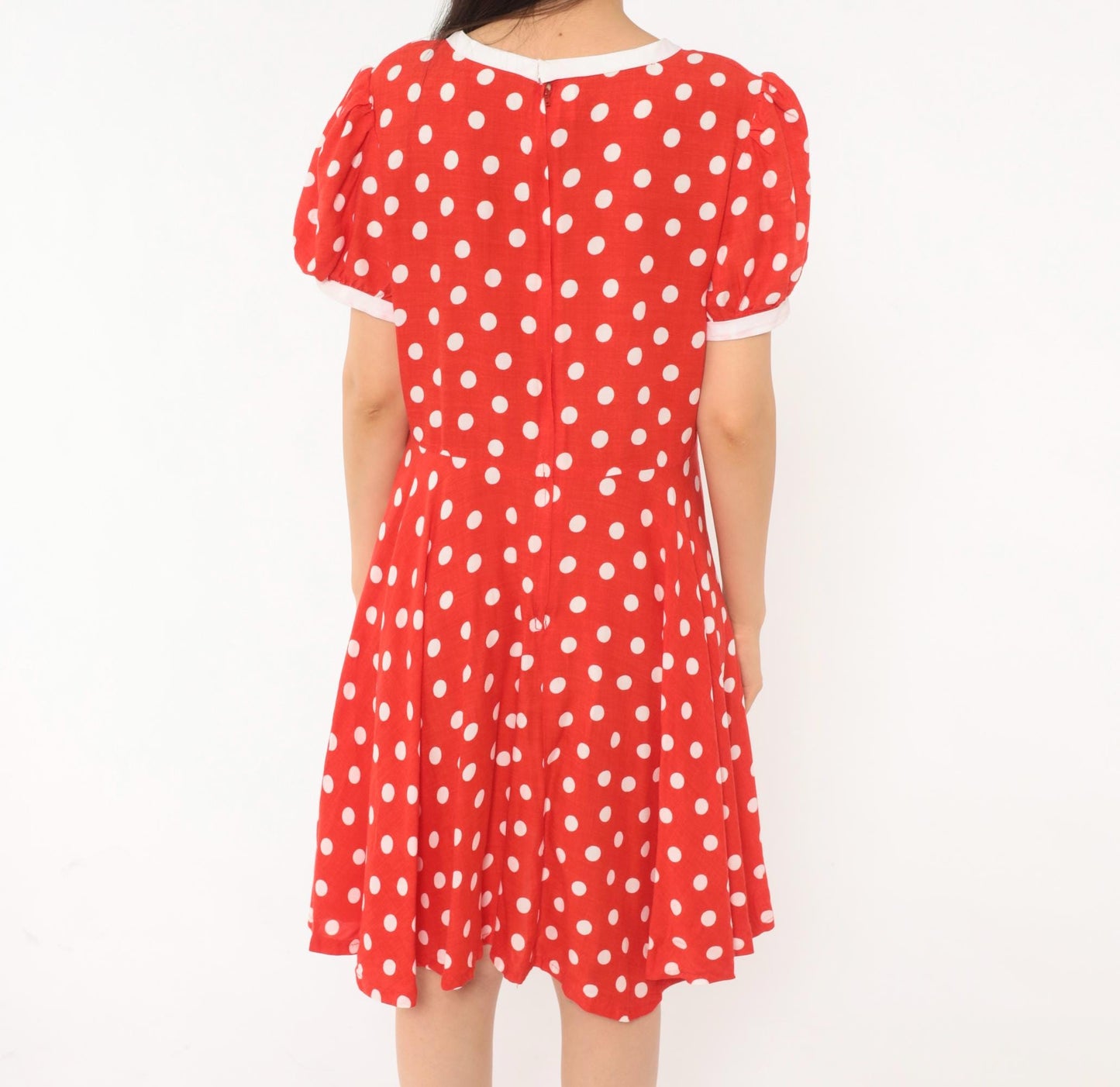 80s Red White Polka Dot Babydoll Dress Puff Sleeve Cotton Swing Mini Small