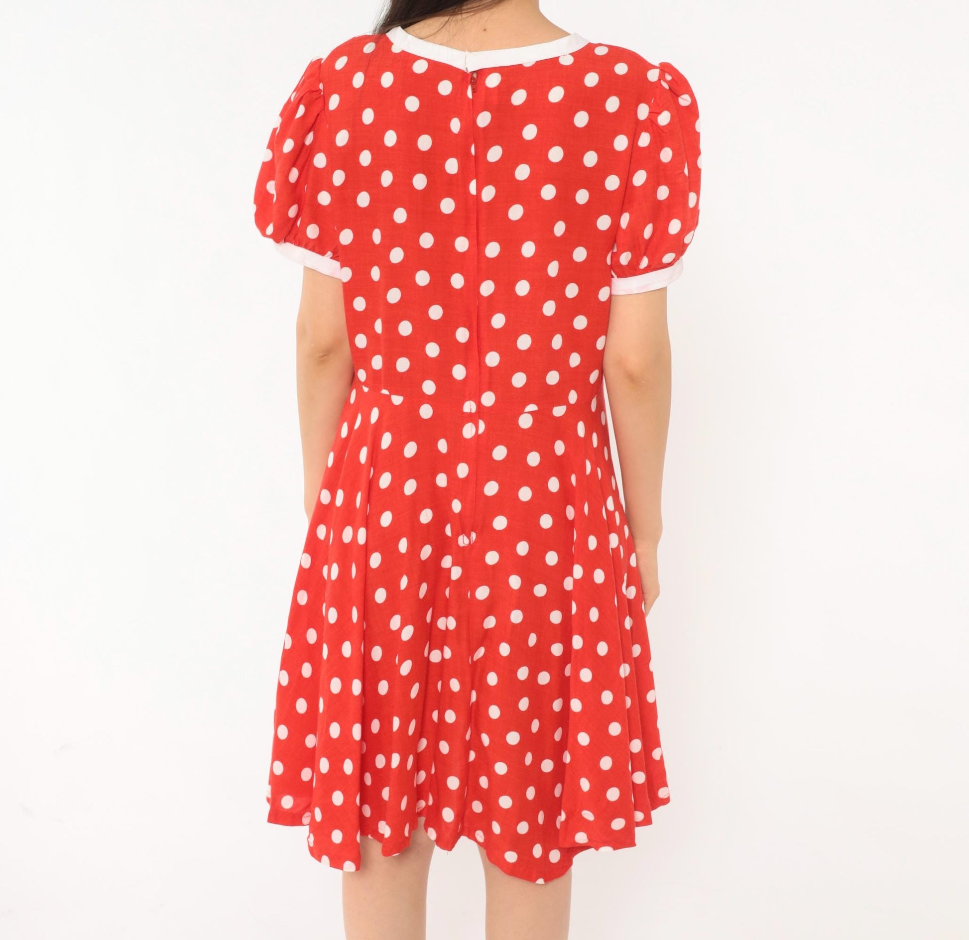 80s Red White Polka Dot Babydoll Dress Puff Sleeve Cotton Swing Mini Small