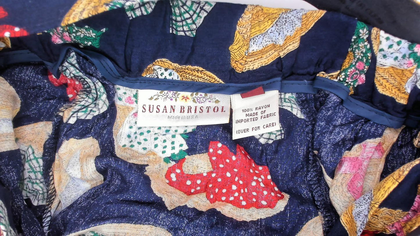 90s Susan Bristol Midi Skirt Straw Hat Print Navy Yellow Green Medium M