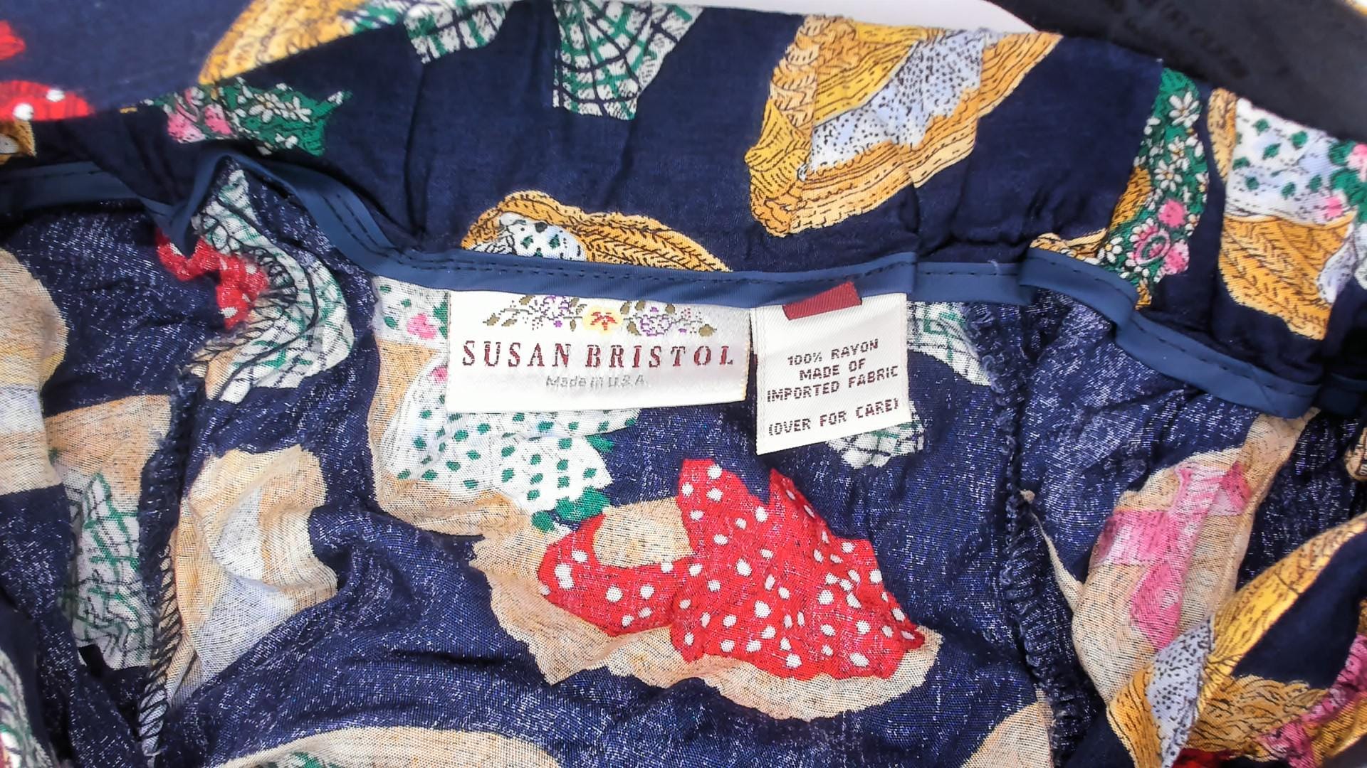 90s Susan Bristol Midi Skirt Straw Hat Print Navy Yellow Green Medium M