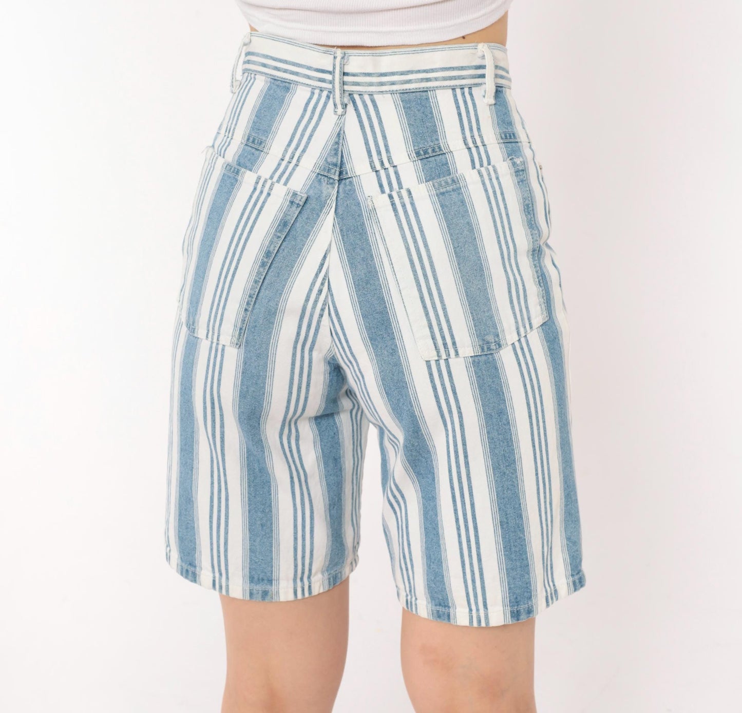 90s Mixed Blues Striped Denim Shorts High Waist Bermuda Blue White Cotton XS