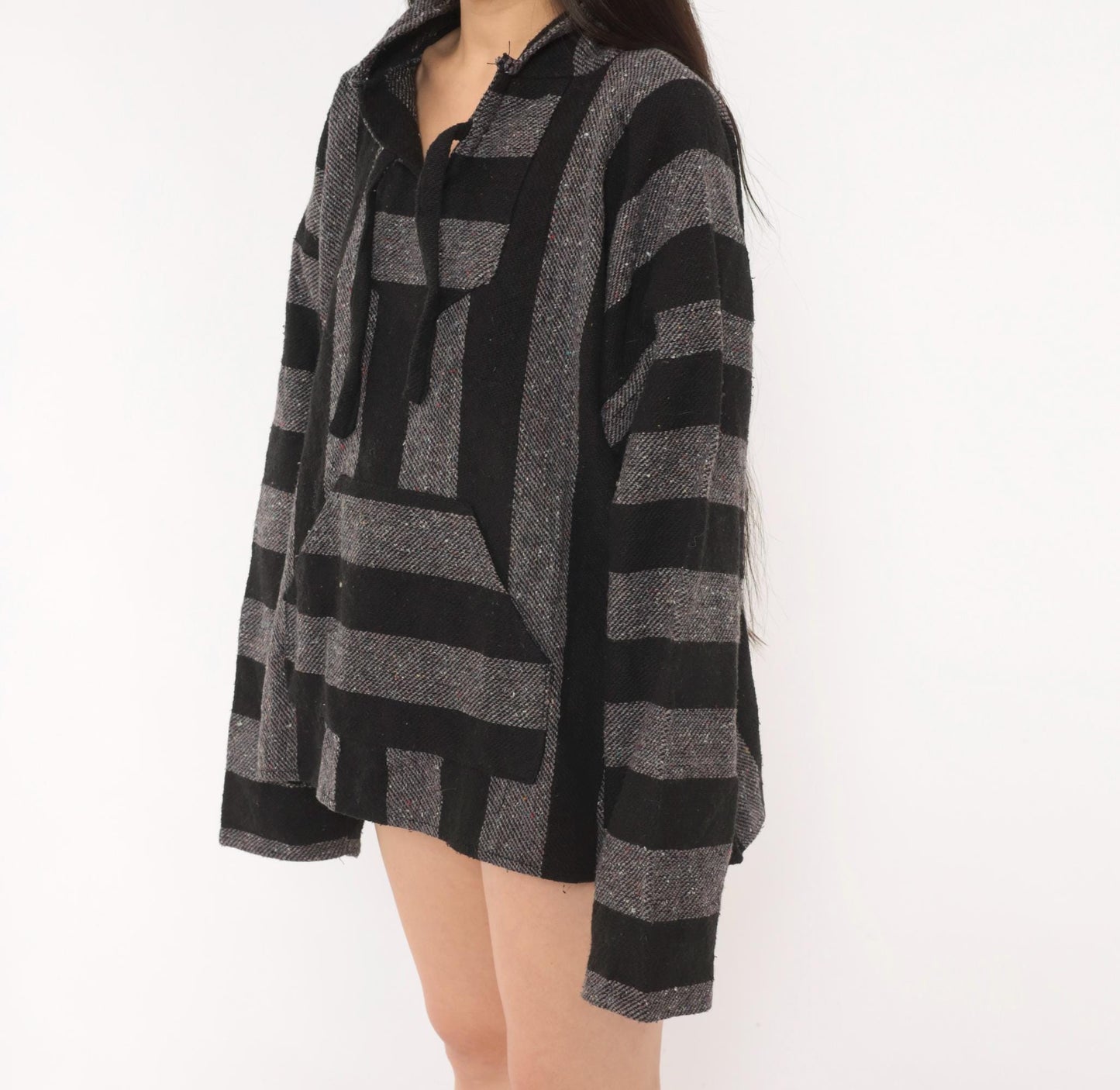 90s Baja Hoodie Black Grey Striped Woven Blanket Pullover Unisex Extra Large