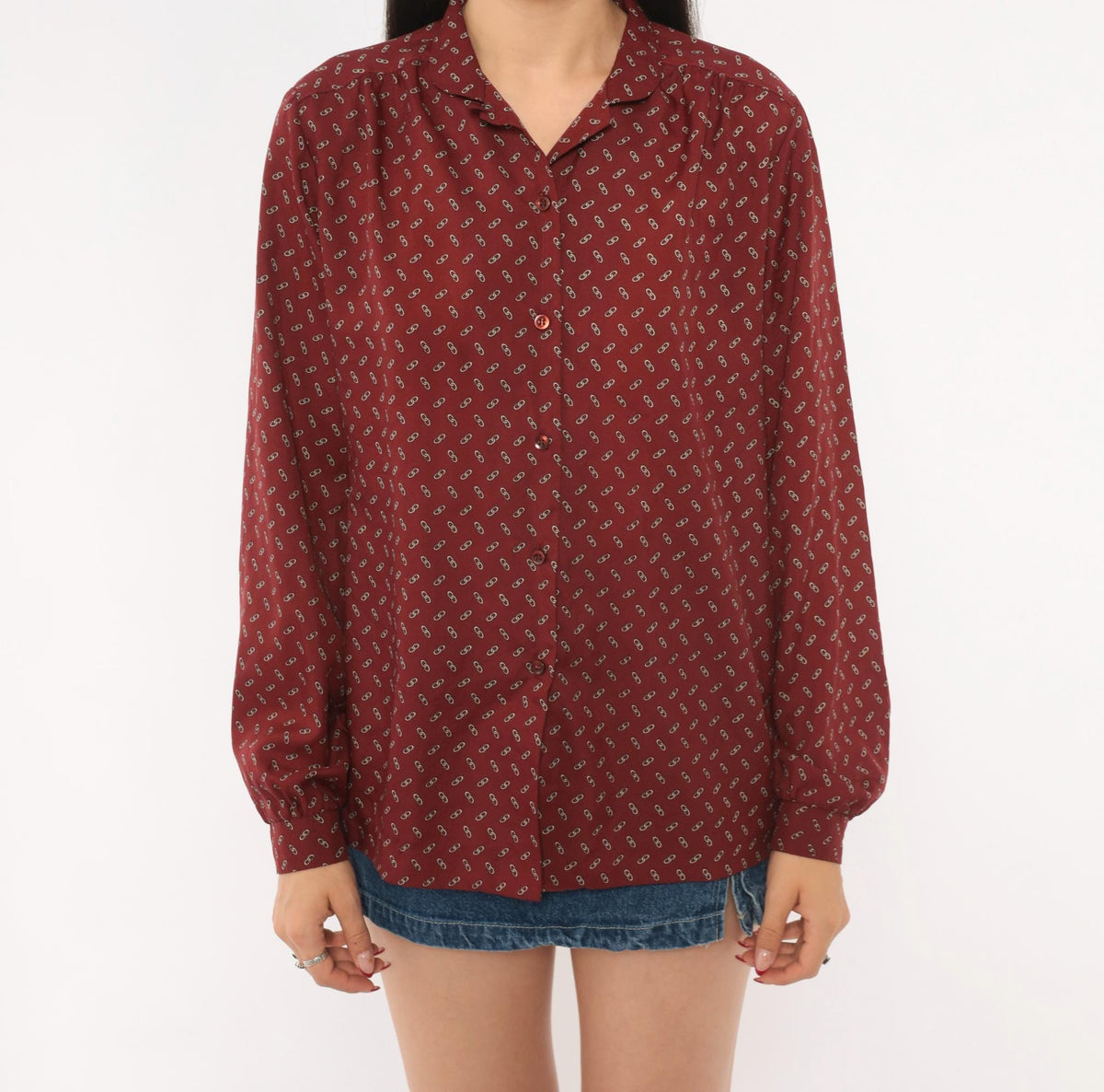 80s Koret Burgundy Chain Link Print Button Blouse Long Sleeve Medium M