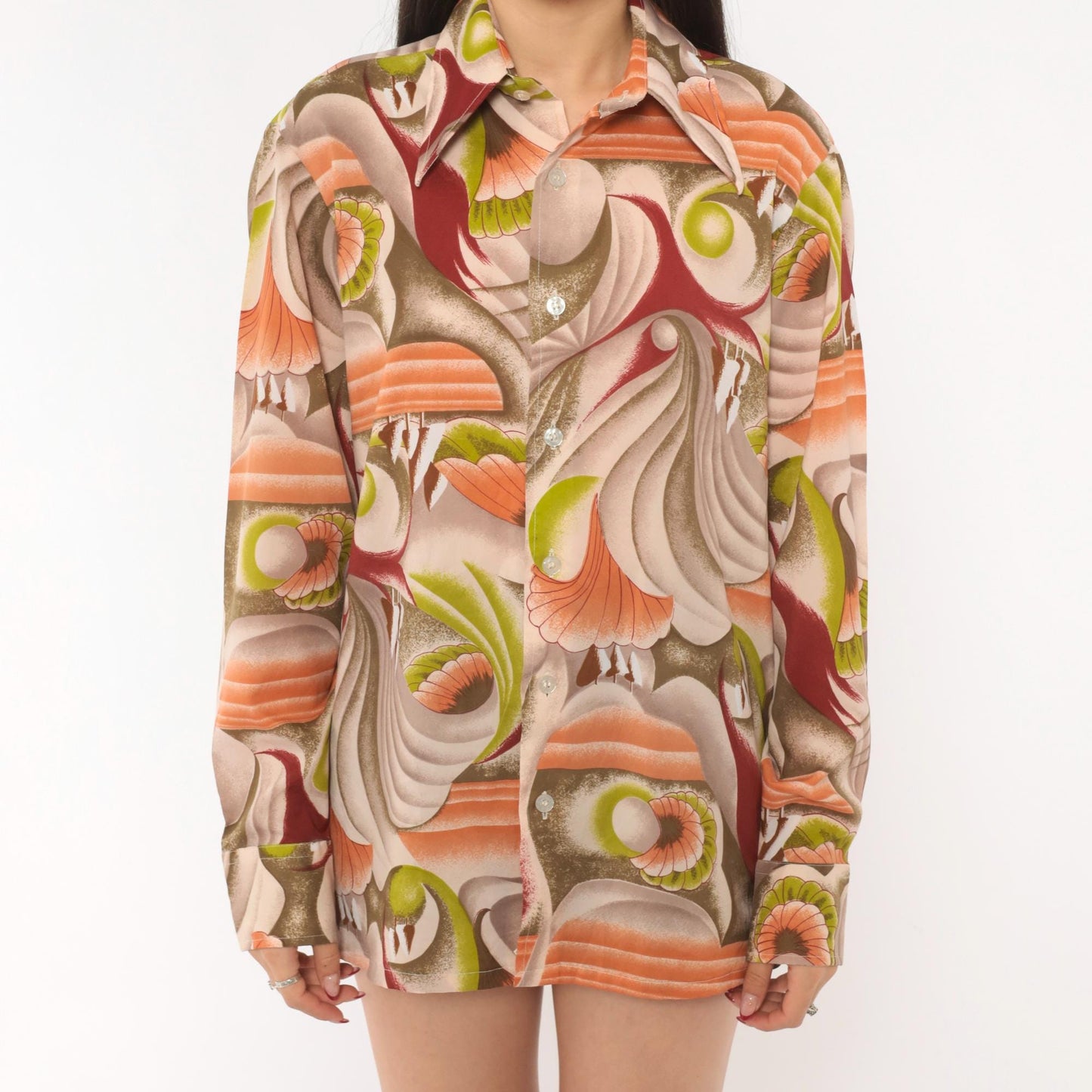 70s Landmark Button Front Shirt Psychedelic Swirl Print Olive Burgundy Medium