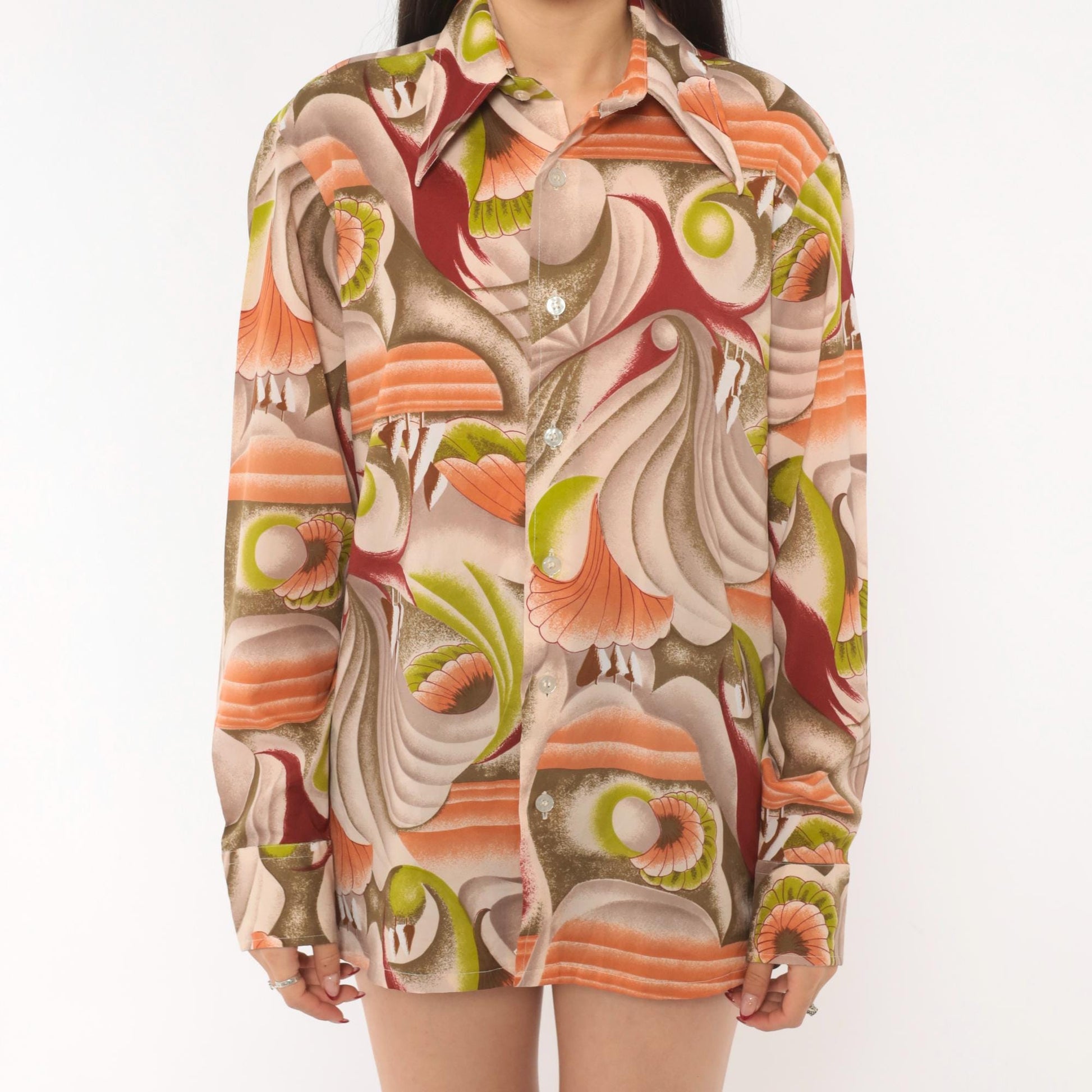 70s Landmark Button Front Shirt Psychedelic Swirl Print Olive Burgundy Medium