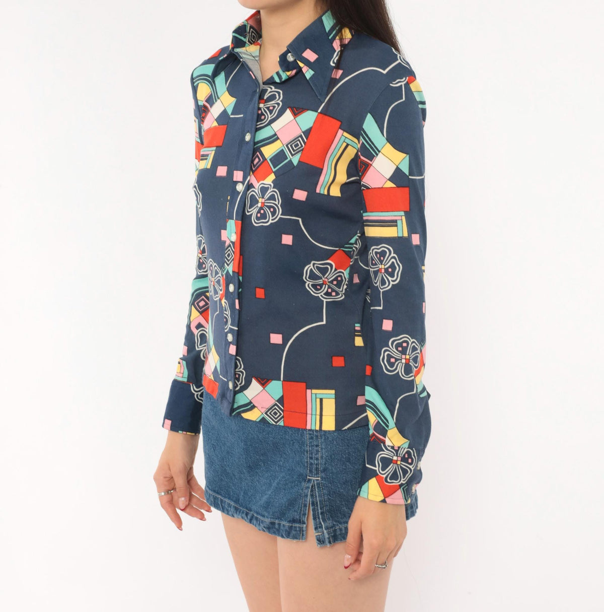 70s Panther Navy Geometric Floral Button Front Blouse Long Sleeve Small