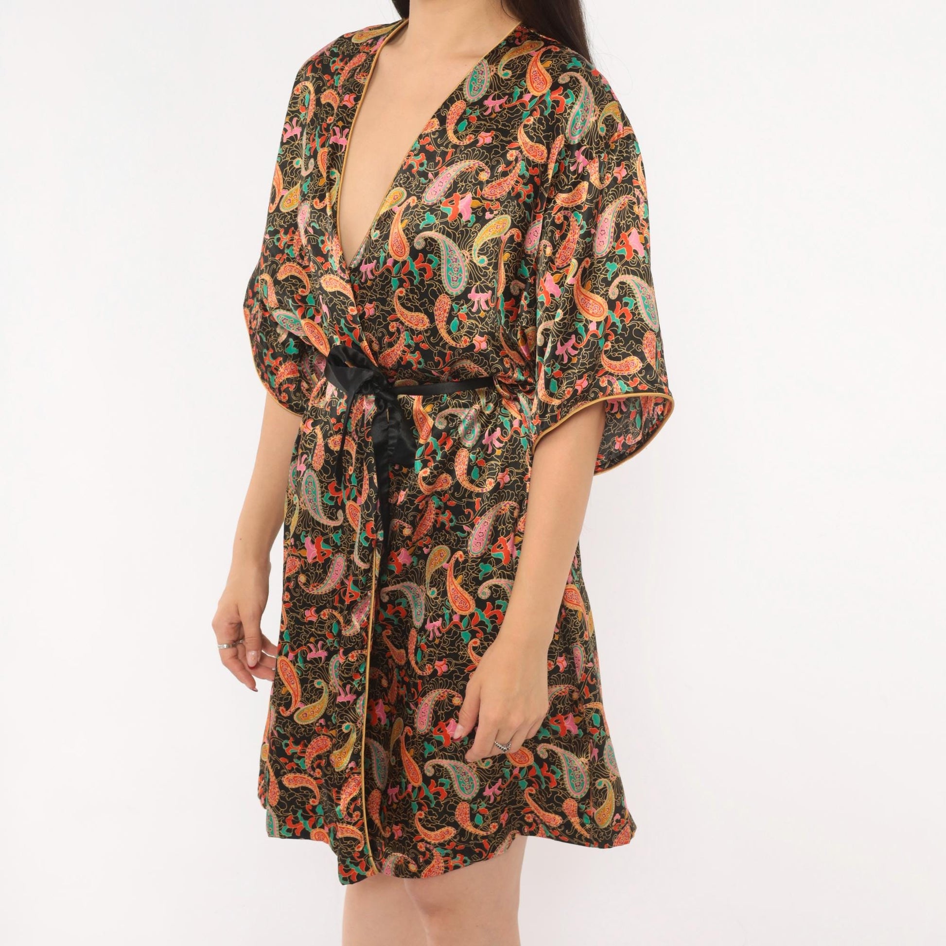 90s Barbizon Paisley Kimono Robe Wrap Front Tie Belt Black Gold Teal Pink Small