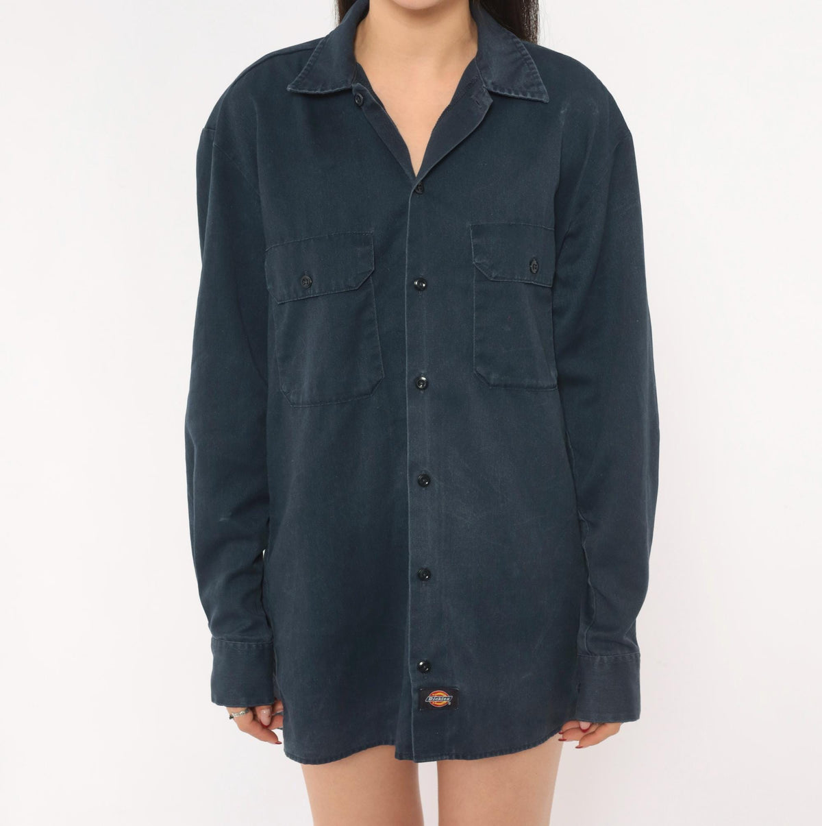 2000s Dickies Navy Work Shirt Button Front Camp Collar Small S