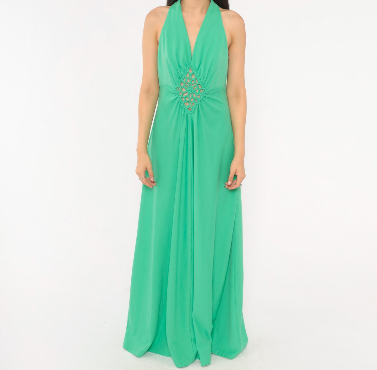 70s Mint Green Halter Maxi Dress Empire Waist Crochet Cutout V Neck Medium Large