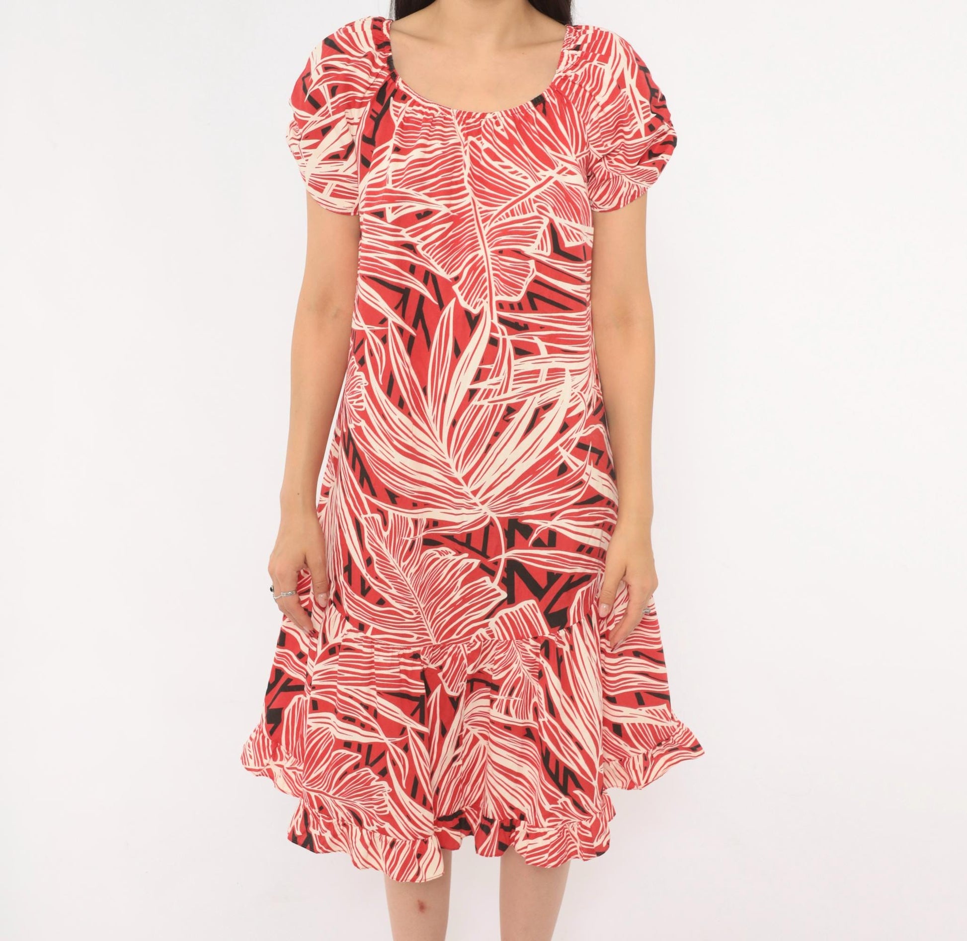 80s Me-Too Tropical Leaf Print Dress Red White Puff Sleeve Knee-Length XS