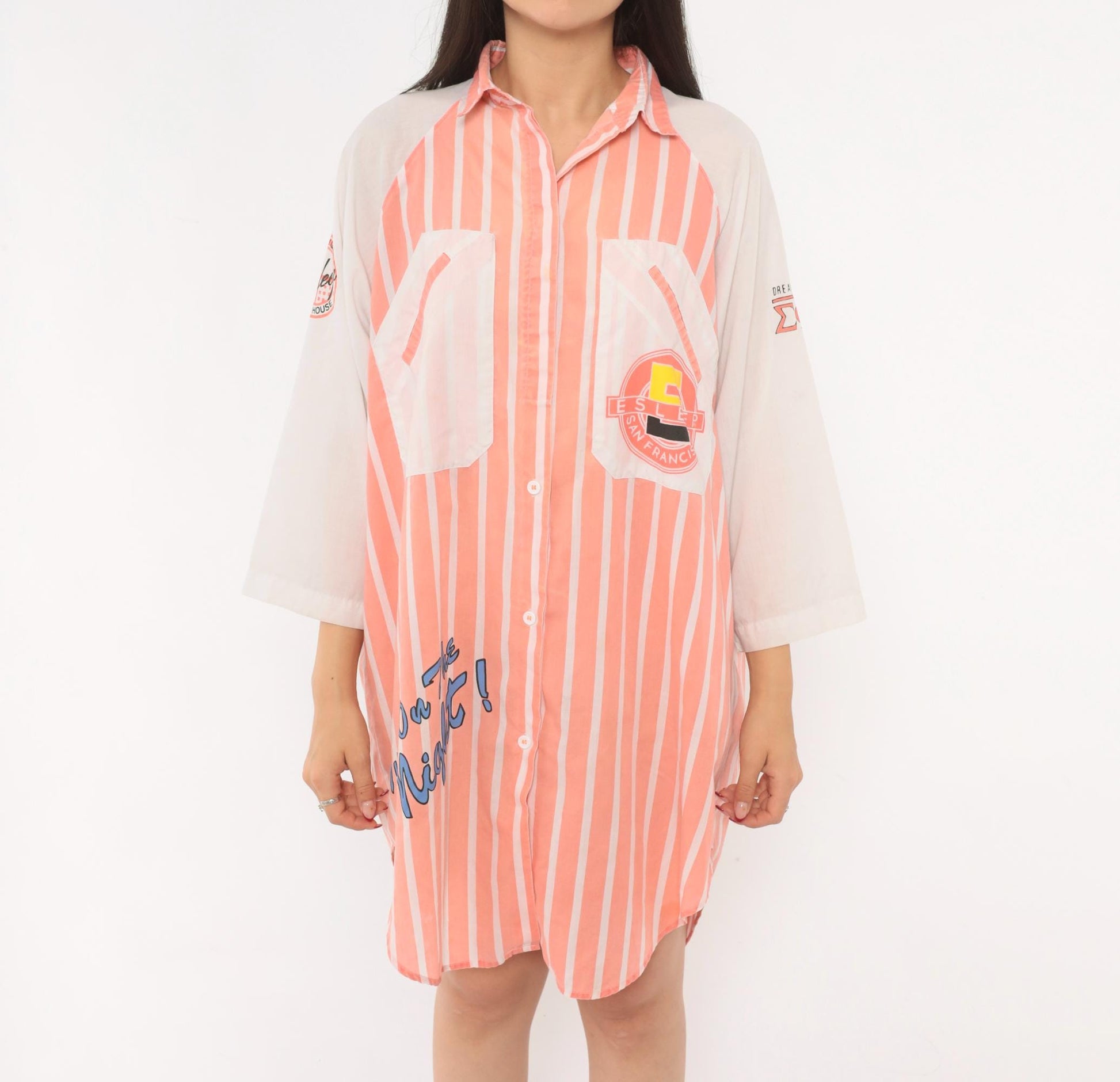 90s Esleep Pink Striped Sleep Shirt Knee-Length Raglan Nightgown Small