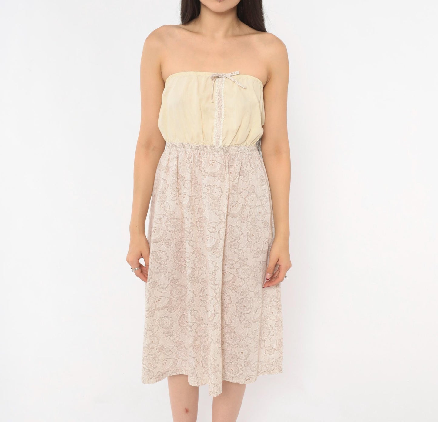 90s Cream Paisley Strapless Sundress Floral Print Lace Trim Small