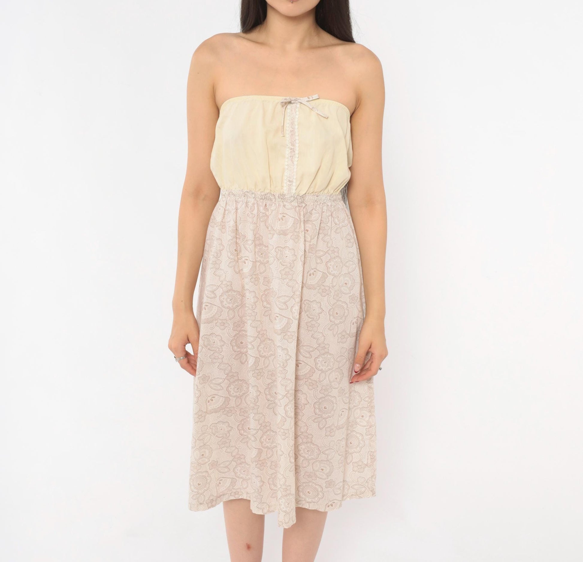 90s Cream Paisley Strapless Sundress Floral Print Lace Trim Small