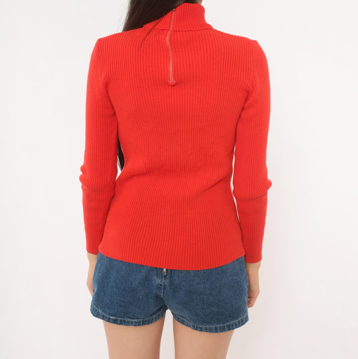 70s Red Ribbed Knit Turtleneck Sweater Fitted Pullover Back Zip Small Medium