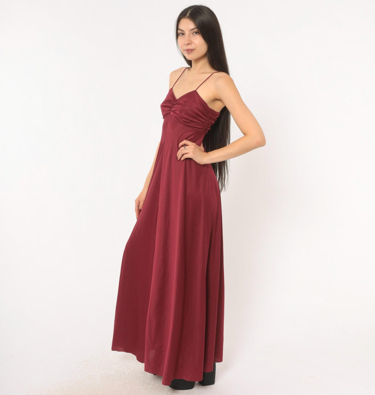 70s Burgundy Maxi Dress Sweetheart Neckline Empire Waist Spaghetti Strap Small