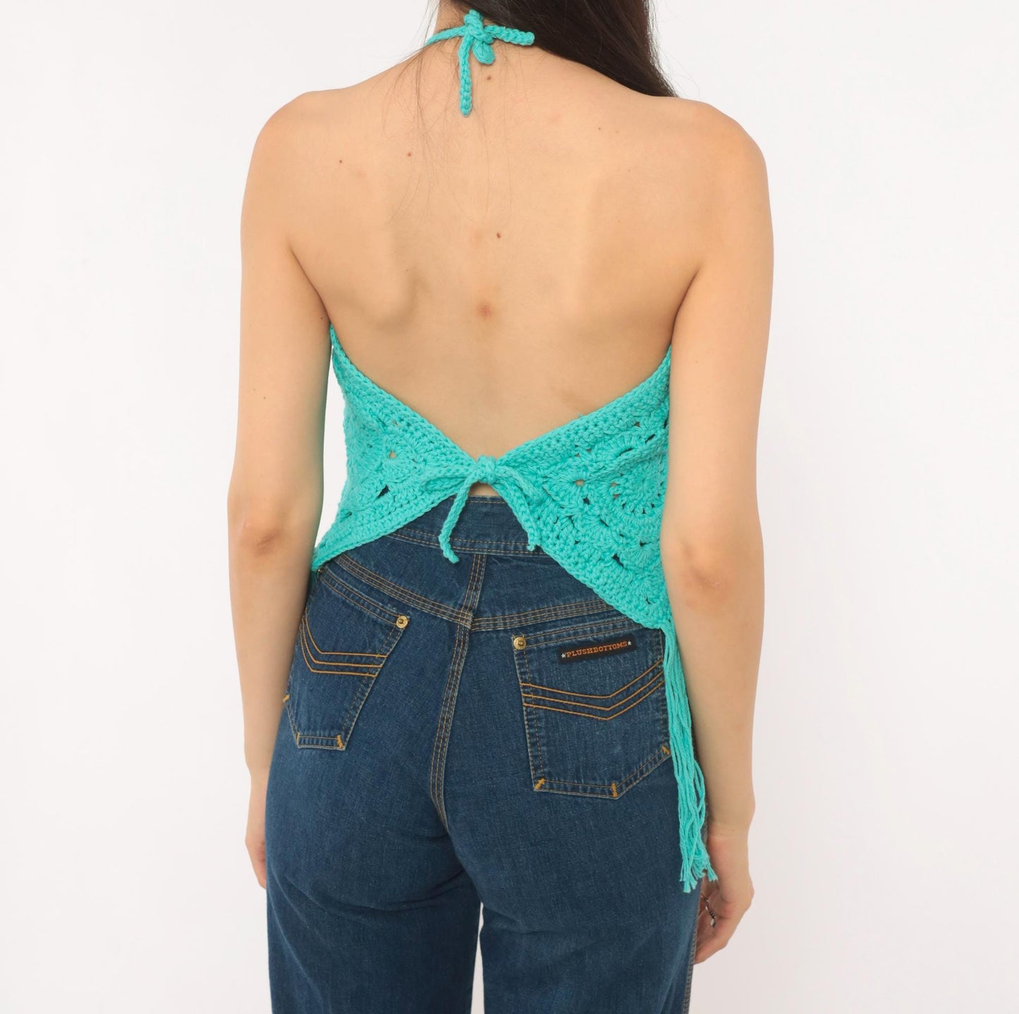 Y2K Teal Crochet Halter Top Granny Square Fringe Cotton Turquoise Small–Large