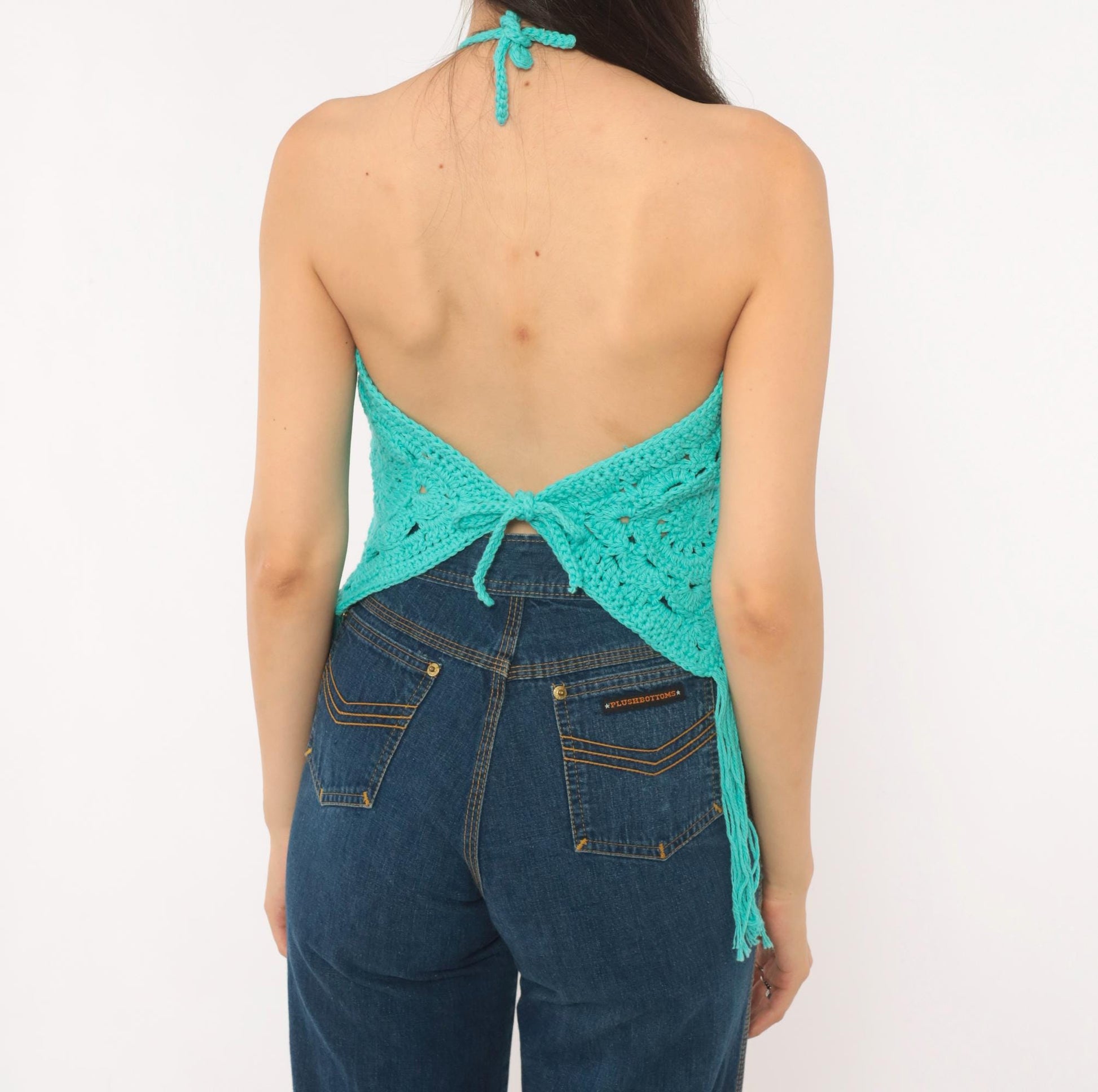 Y2K Teal Crochet Halter Top Granny Square Fringe Cotton Turquoise Small–Large