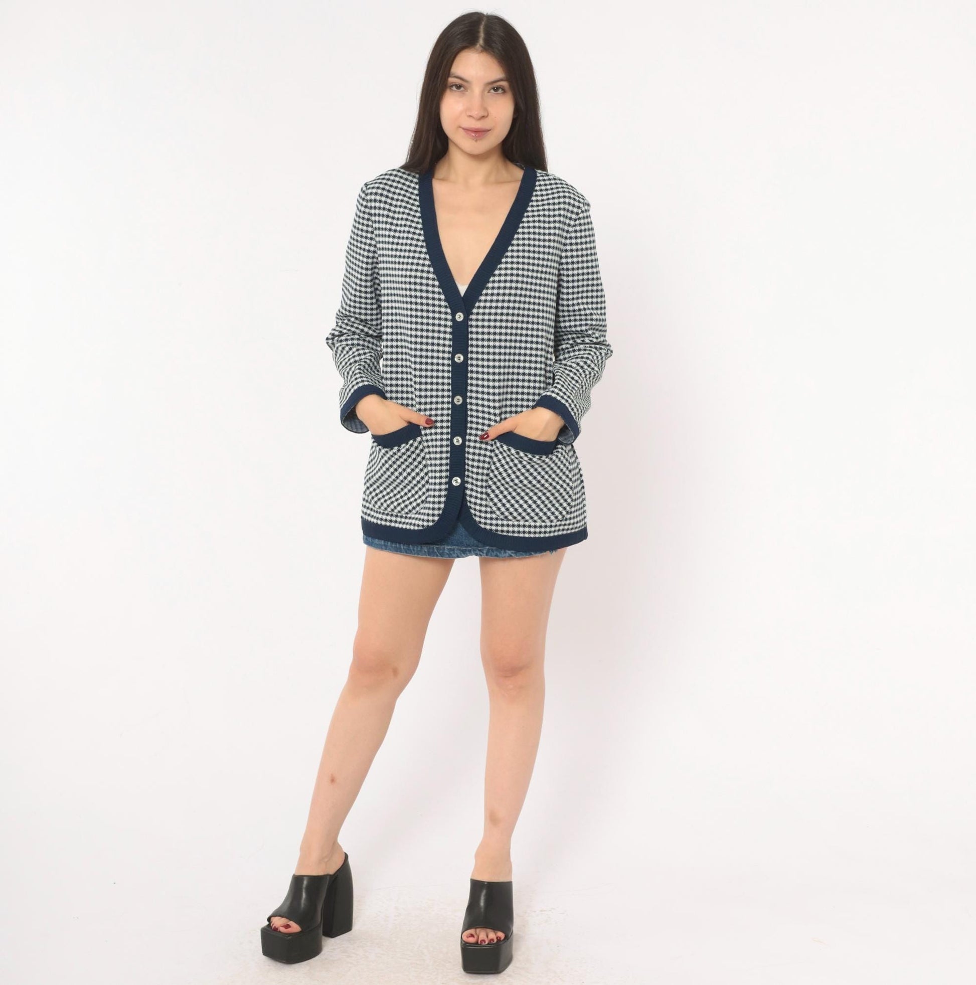 70s Jack Winter Houndstooth Cardigan Navy White Check Knit Medium M