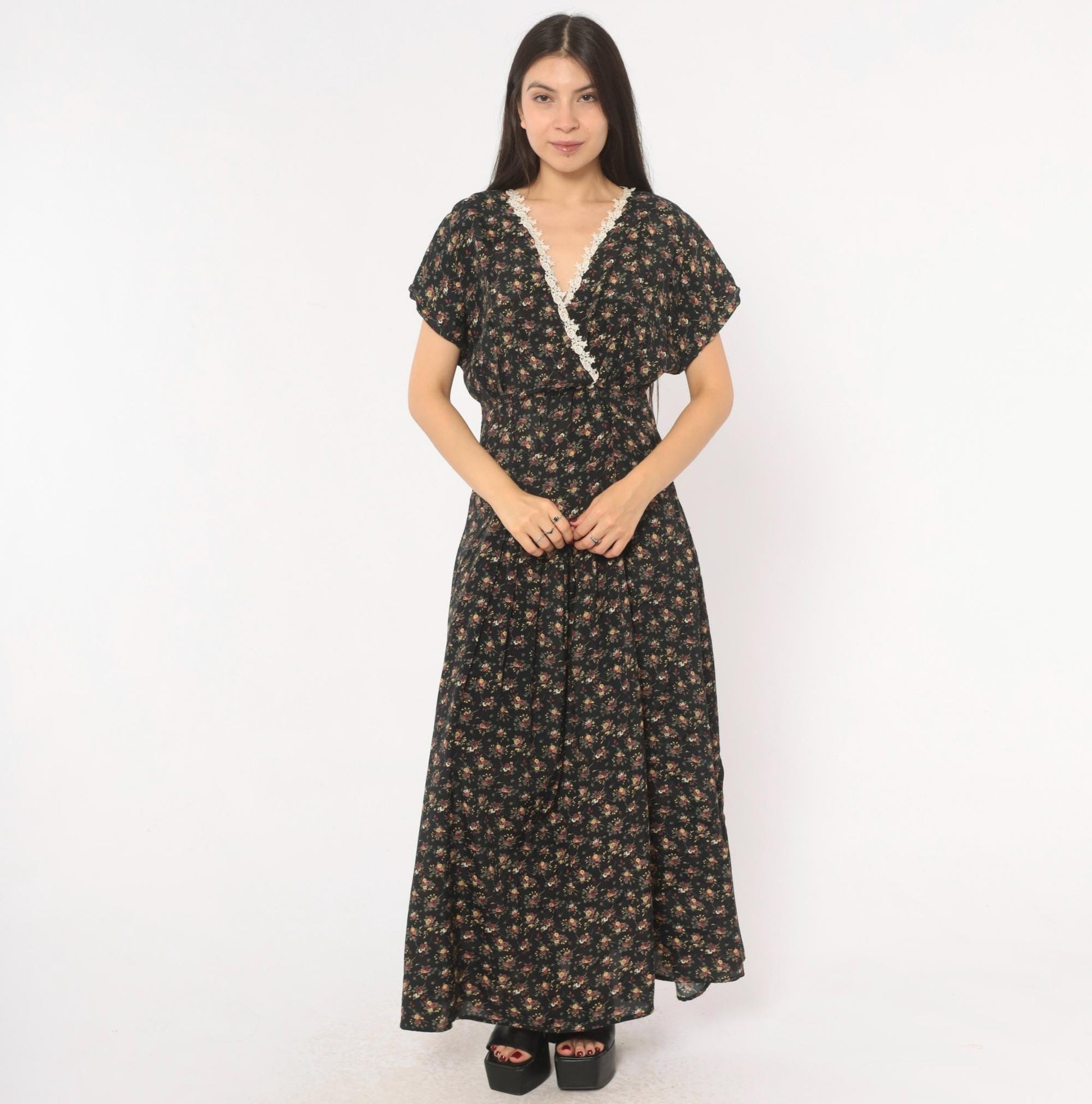 90s Ariana Black Floral Maxi Dress V-Neck Wrap Lace Trim Flutter Sleeve Large L