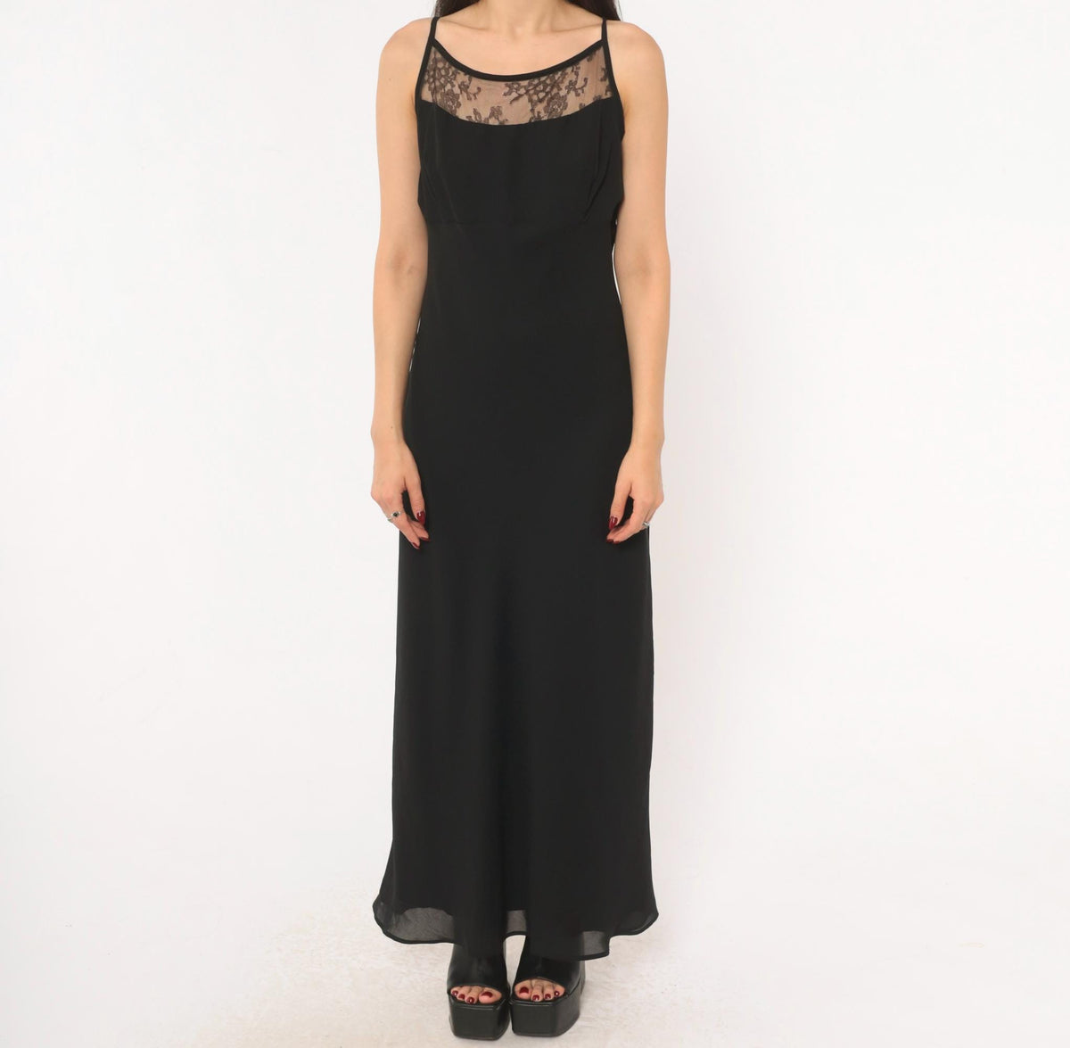 Gunne Sax Black Lace Maxi Slip Dress 90s Spaghetti Strap Low Back Large L