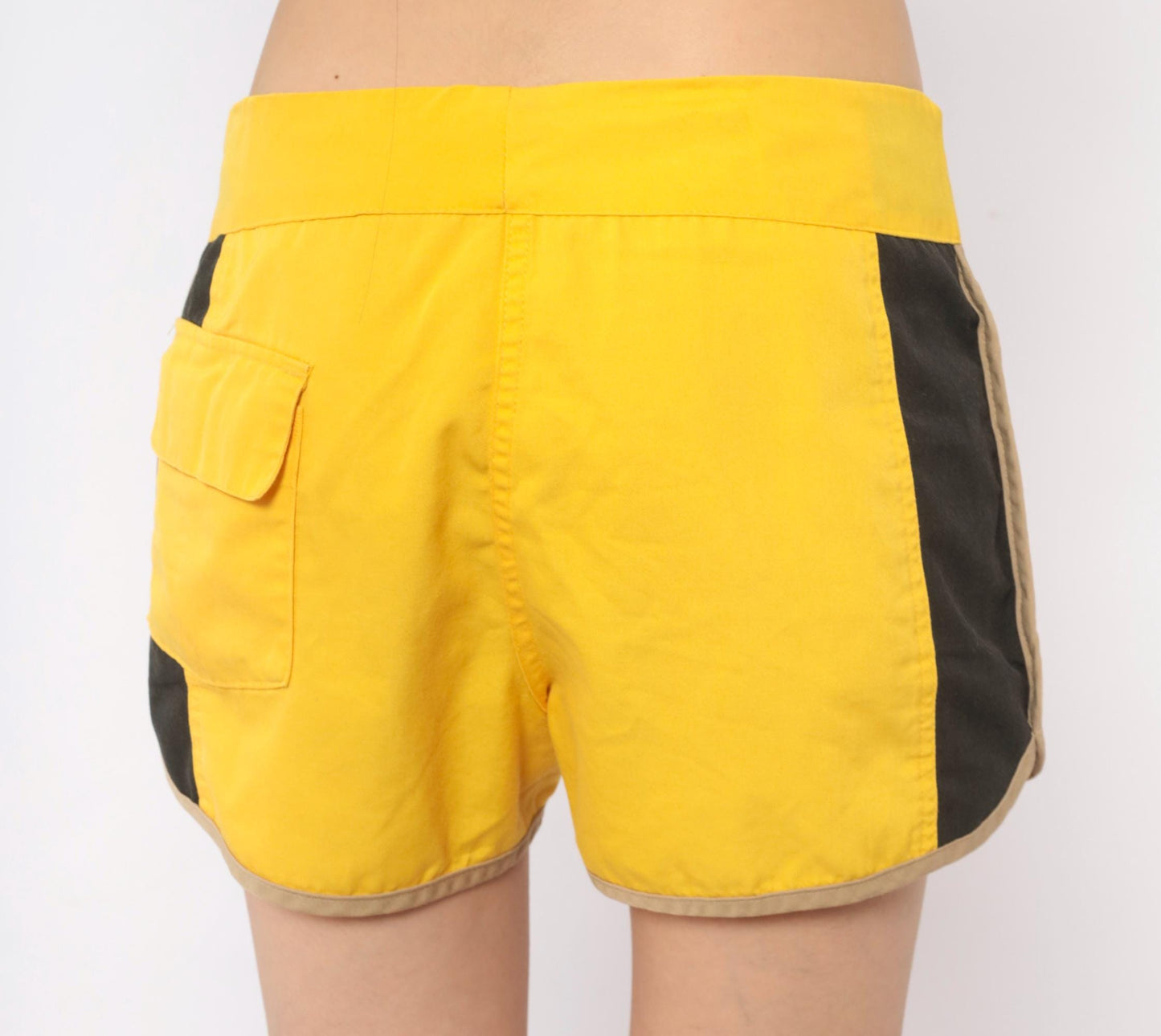70s Golden Wave Board Shorts Yellow Black Colour Block Cotton Large L