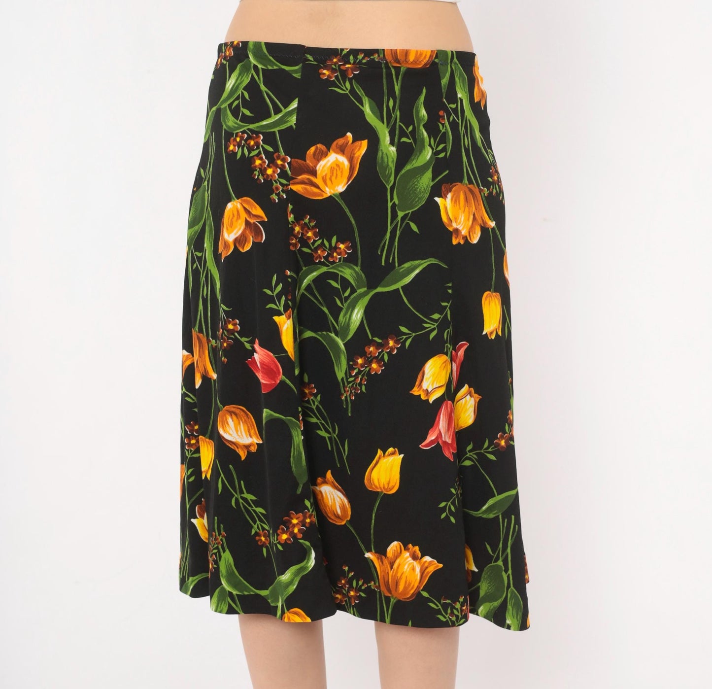 90s St Charmond Tulip Floral A-Line Skirt Black Orange Yellow Medium Large