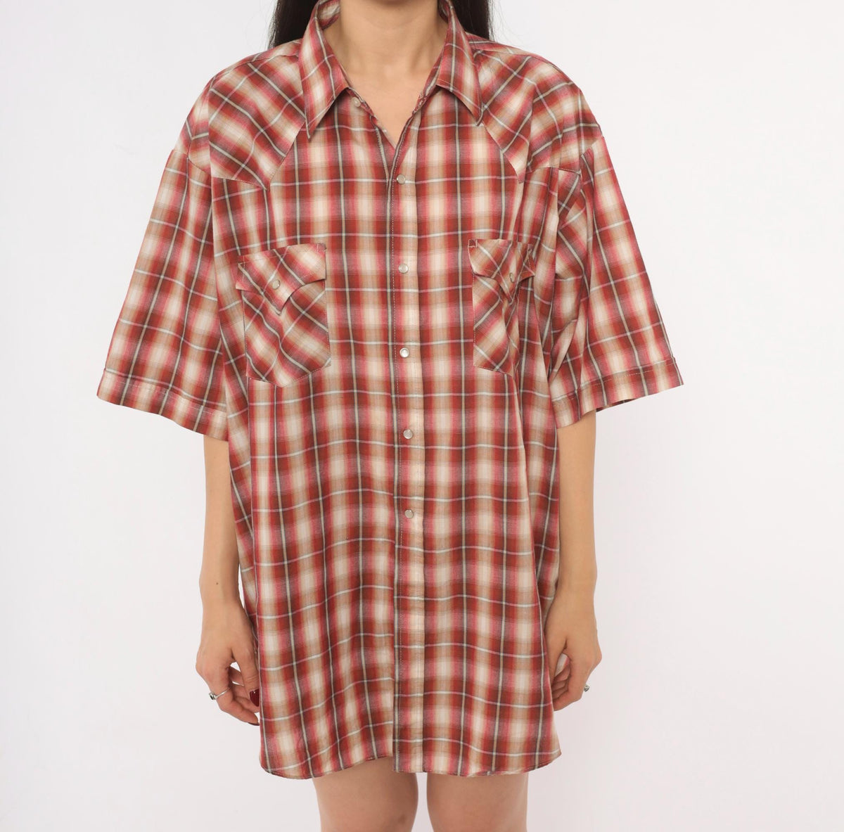 90s Plains Western Pearl Snap Shirt Burgundy Plaid Cotton Extra Large XL
