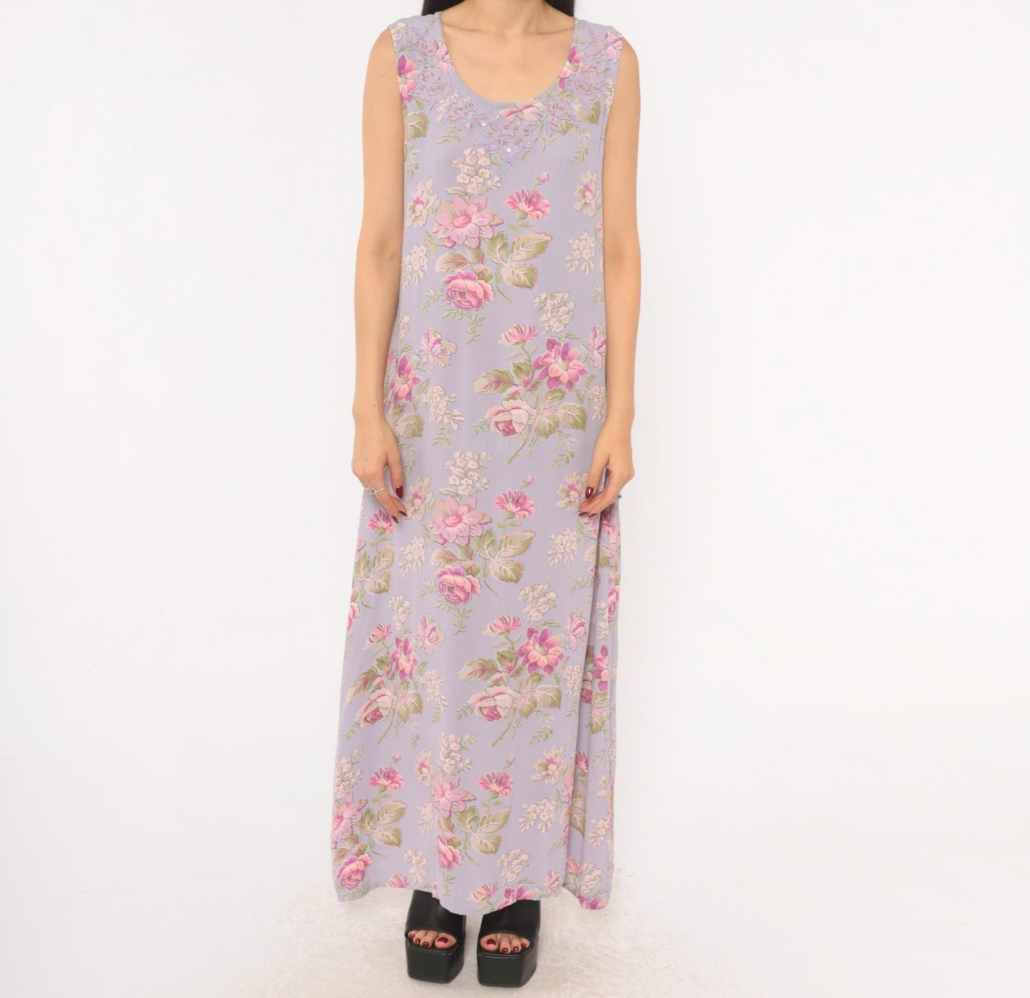 90s April Cornell Lavender Floral Maxi Dress Sequin Lace Scoop Neck Large
