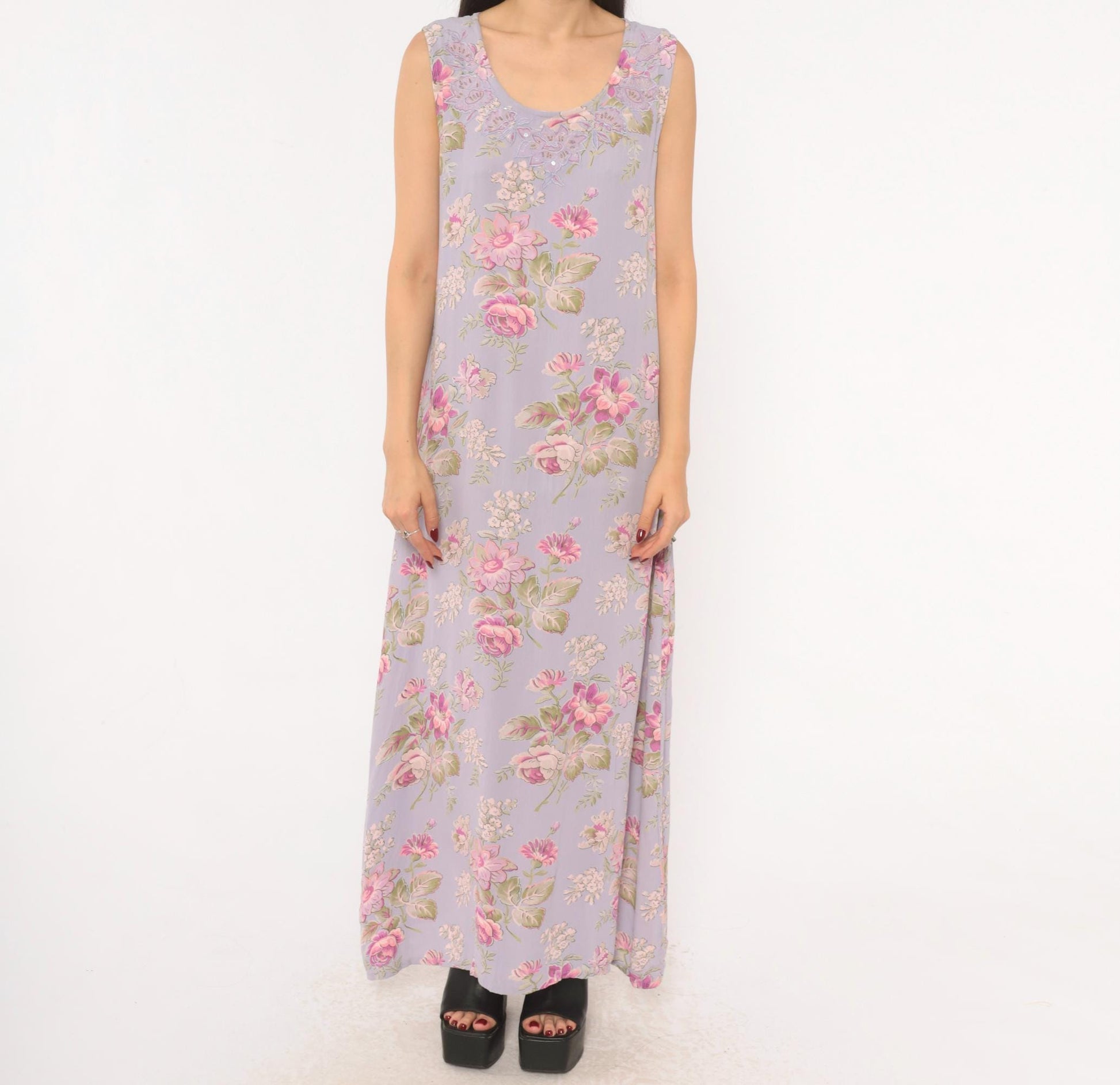 90s April Cornell Lavender Floral Maxi Dress Sequin Lace Scoop Neck Large