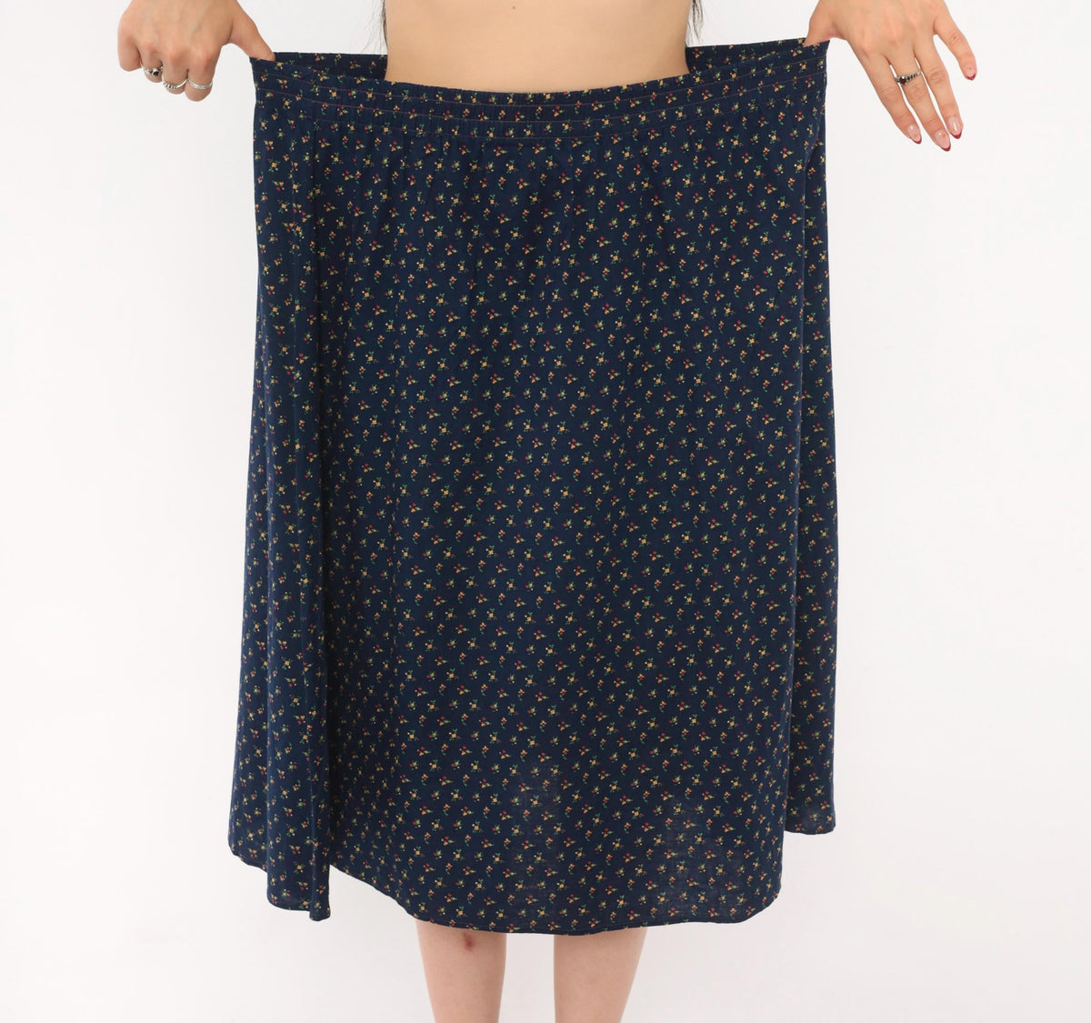 70s Faa 1st American Apparel Floral A-Line Skirt Navy Cotton Knee Length Large