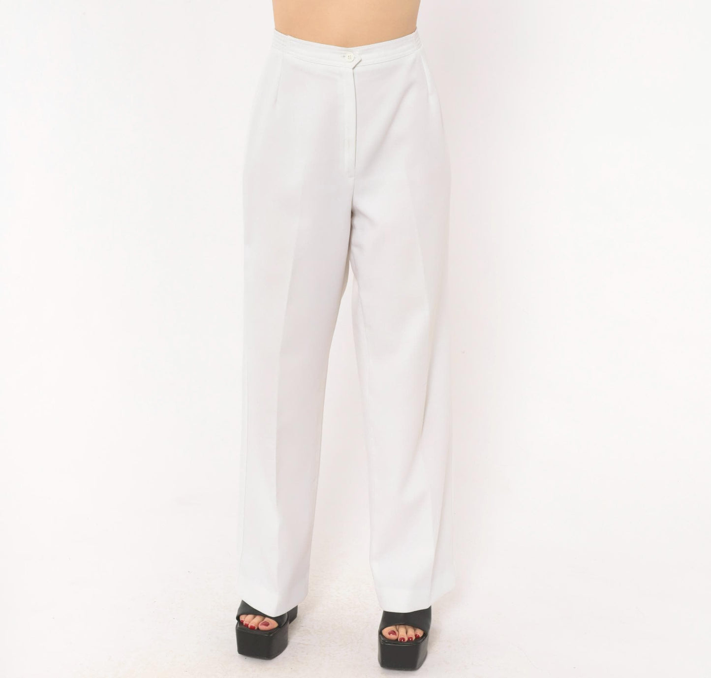 70s White High-Rise Wide-Leg Trousers Pleated Straight Pants Large L