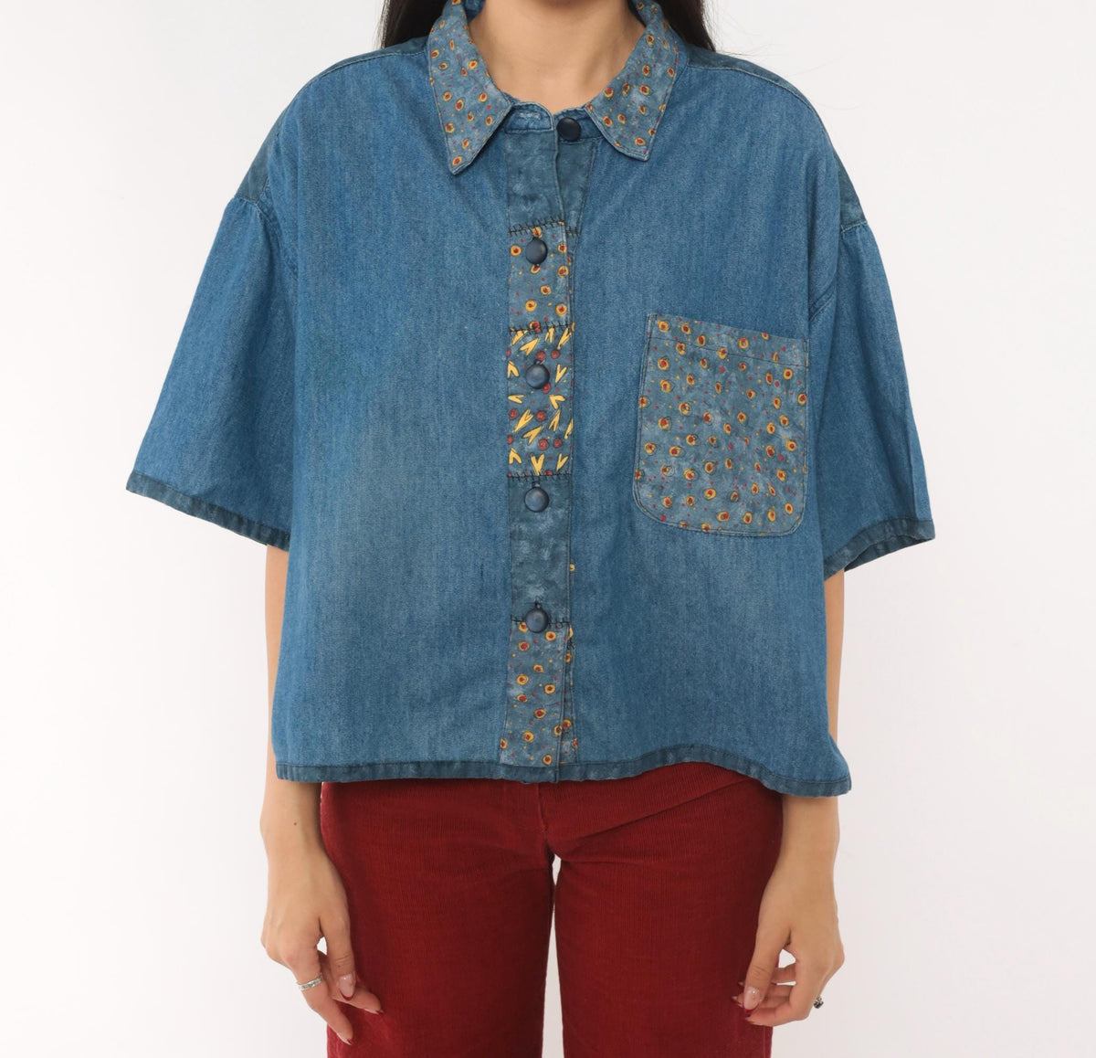 90s St. Jeanne Denim Shirt Patchwork Print Button Front Cotton Extra Large XL