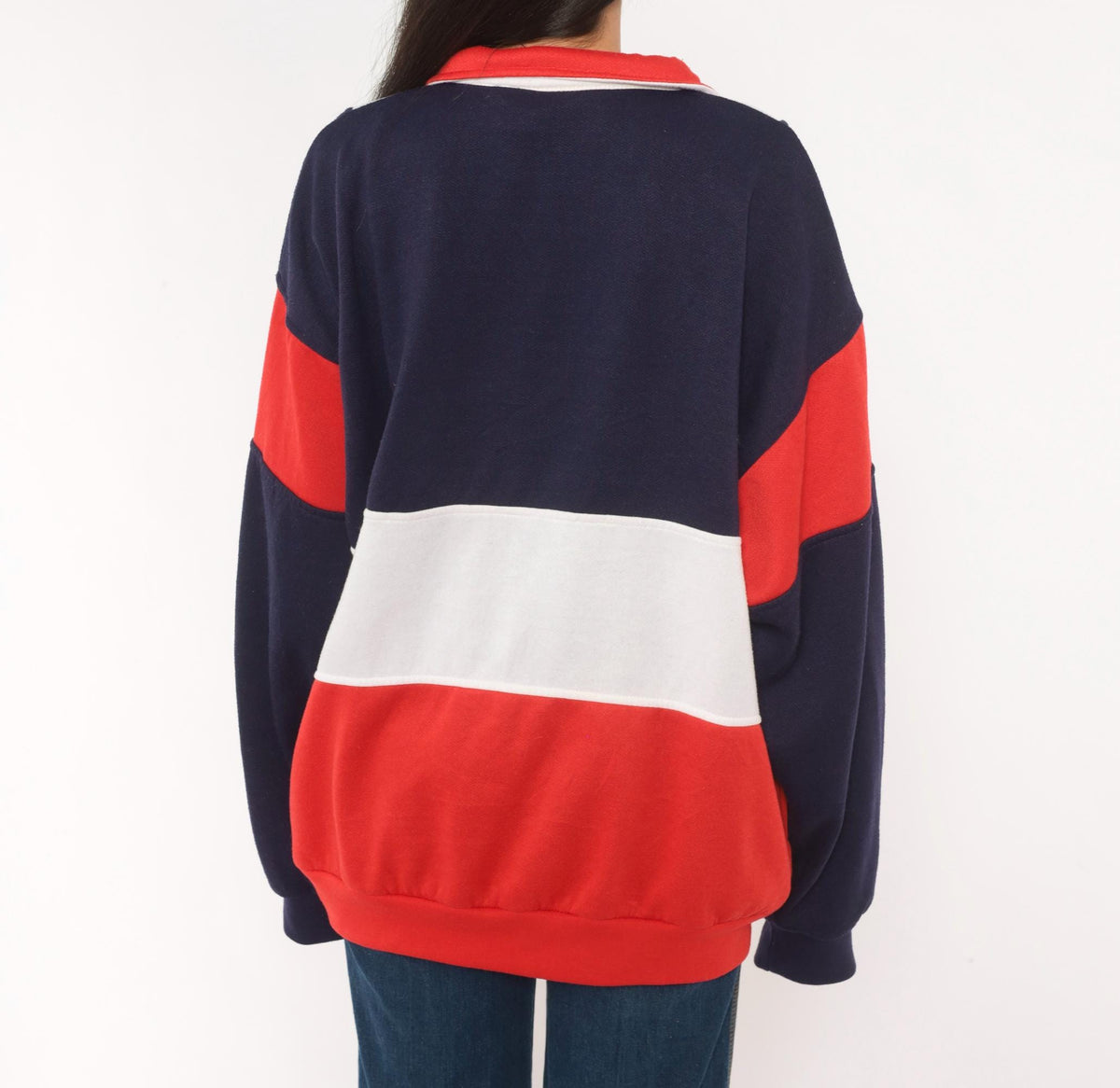 80s Active Wear Color Block Zip Jacket Navy Red White Striped Men's Large