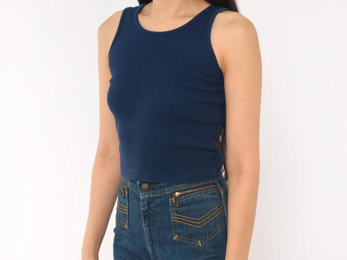80s Navy Ribbed Tank Top Scoop Neckline Fitted Crop Cotton Extra Small XS